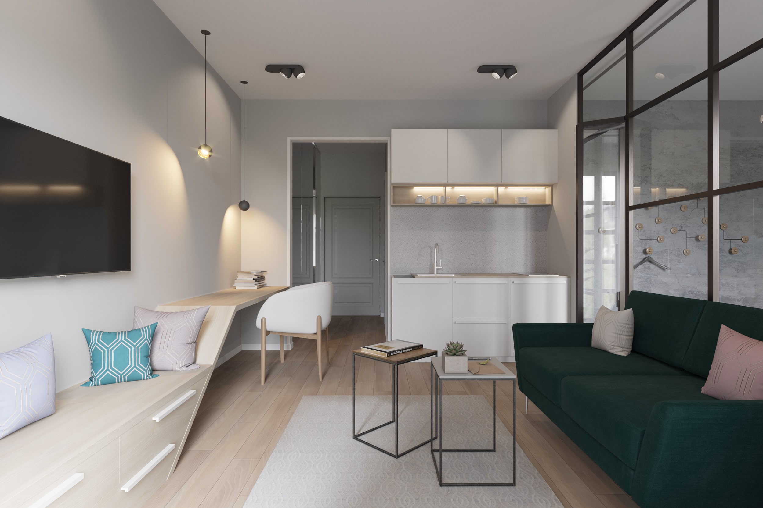 В дизайне интерьера апартаментов для одного из заказчиков мы использовали тумбу, которая одновременно служит местом для хранения вещей и сидения, при этом составляет единое целое с соседней рабочей зоной В дизайне интерьера апартаментов для одного из заказчиков мы использовали тумбу, которая одновременно служит местом для хранения вещей и сидения, при этом составляет единое целое с соседней рабочей зоной