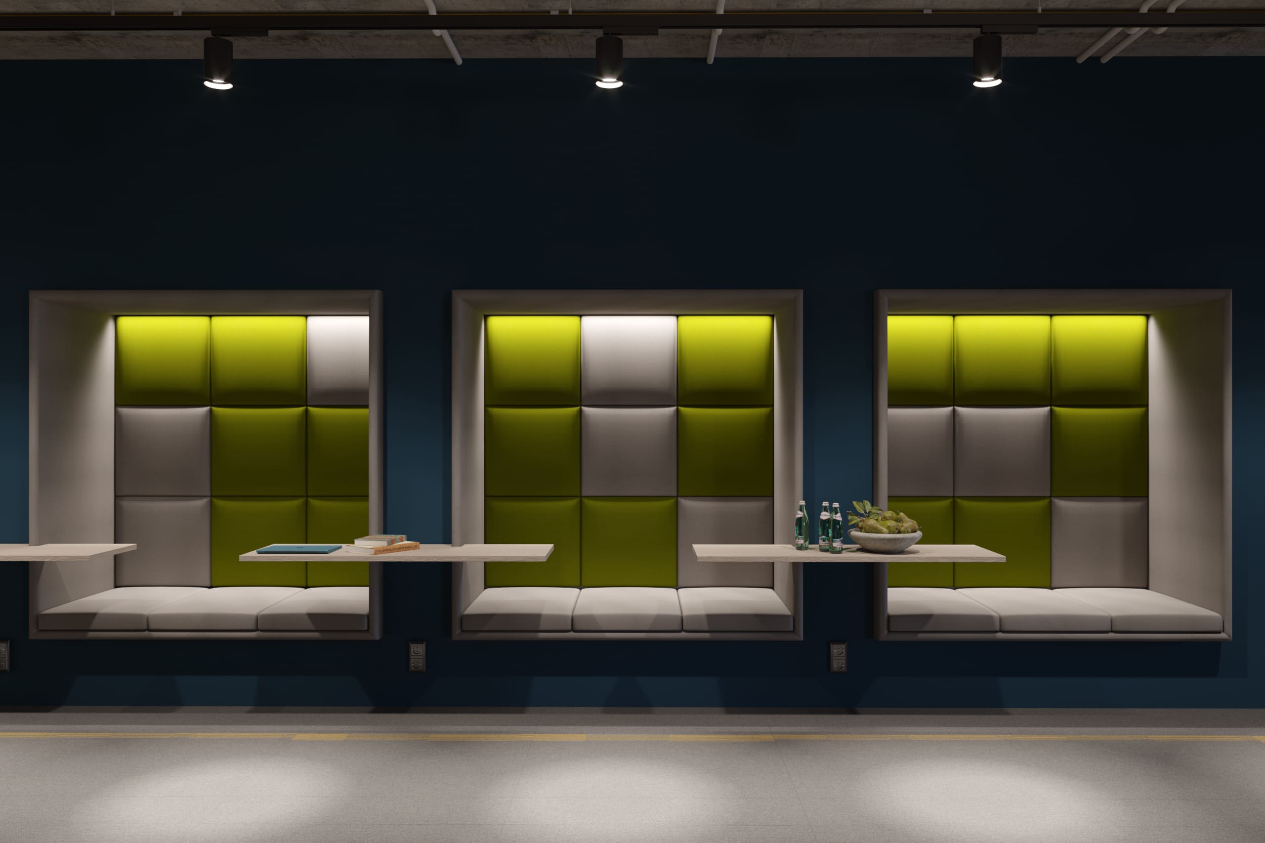 Напротив книжных полок расположили встроенные диванчики со столиками — индивидуальные зоны, где можно отдохнуть во время обеда и полистать книги. Напротив книжных полок расположили встроенные диванчики со столиками — индивидуальные зоны, где можно отдохнуть во время обеда и полистать книги.