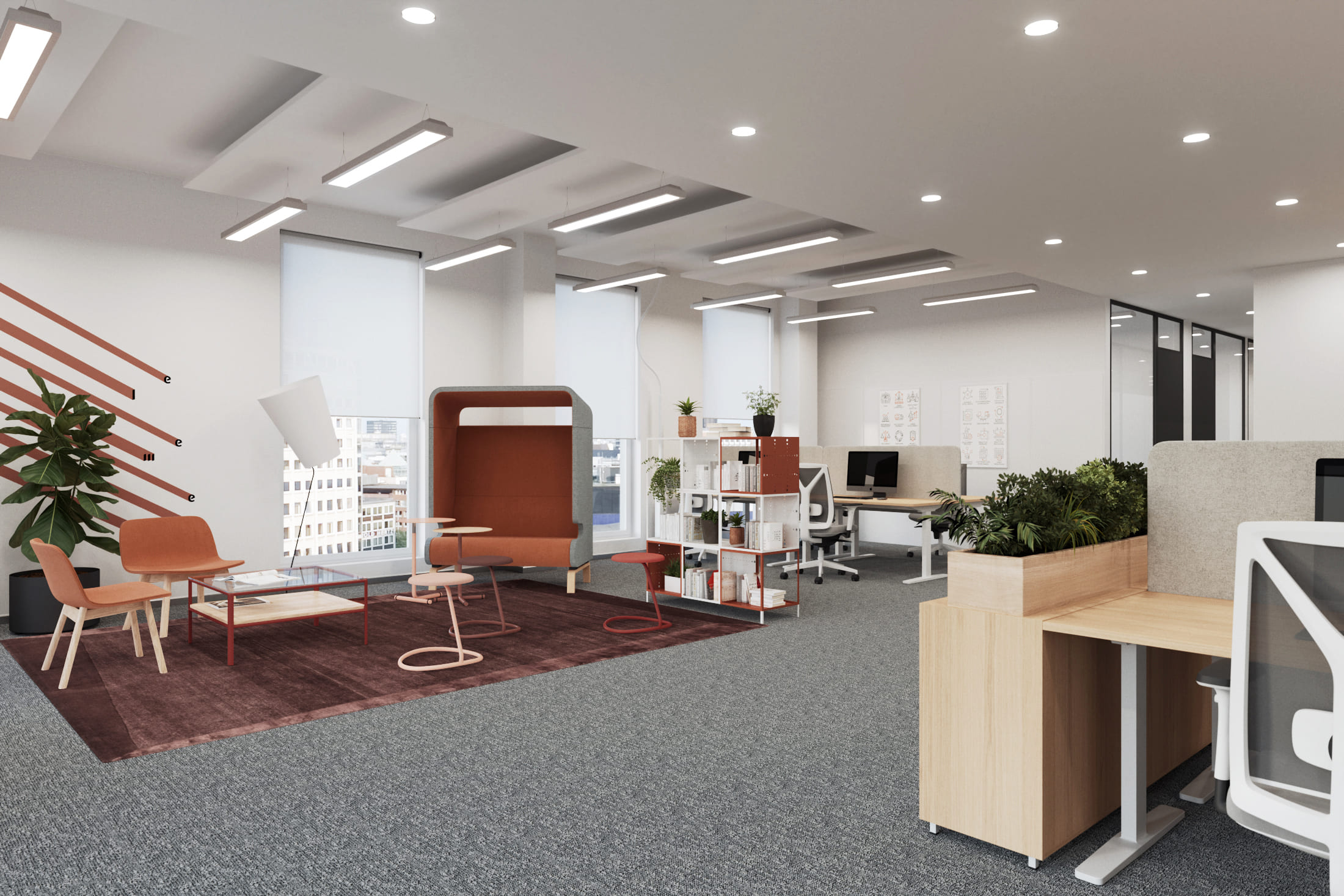 На визуализации рабочей зоны для проекта Element Group Oy Tampere видны линейные и точечные светильники На визуализации рабочей зоны для проекта Element Group Oy Tampere видны линейные и точечные светильники