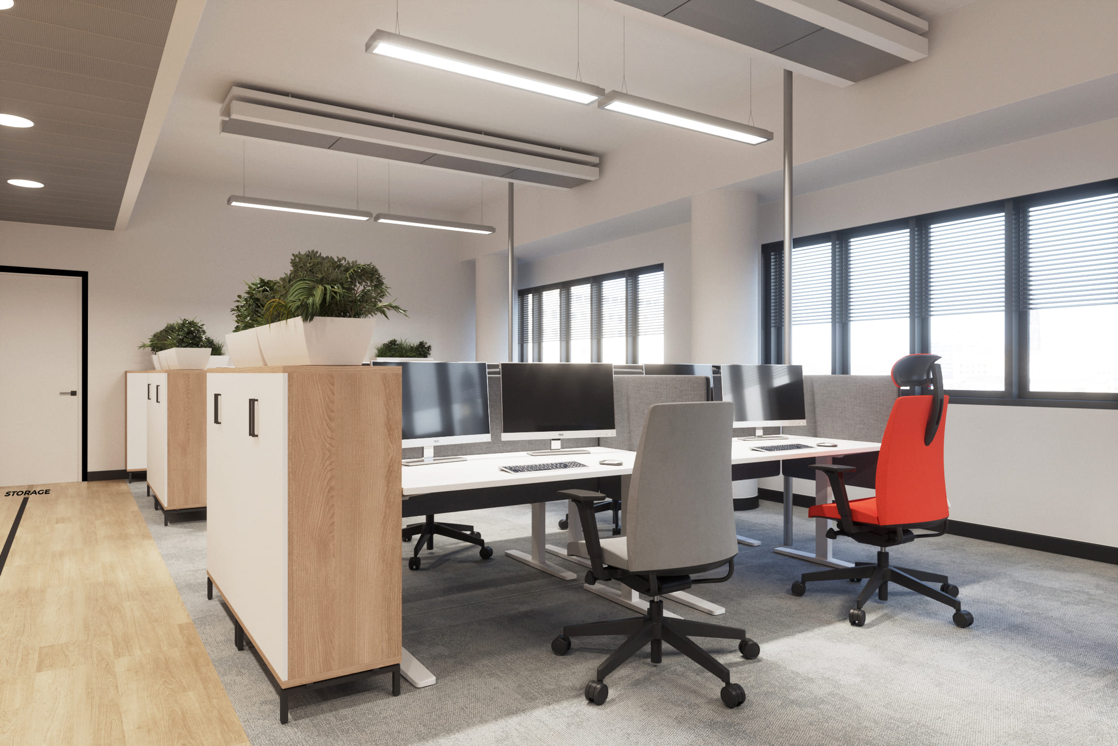 оформление интерьера офиса сделали так что, только одно из четырех кресел за каждым столом яркое, остальные — нейтральные, это позволяет обыграть идею с цветными зонами офиса, не перегружая пространство. оформление интерьера офиса сделали так что, только одно из четырех кресел за каждым столом яркое, остальные — нейтральные, это позволяет обыграть идею с цветными зонами офиса, не перегружая пространство.