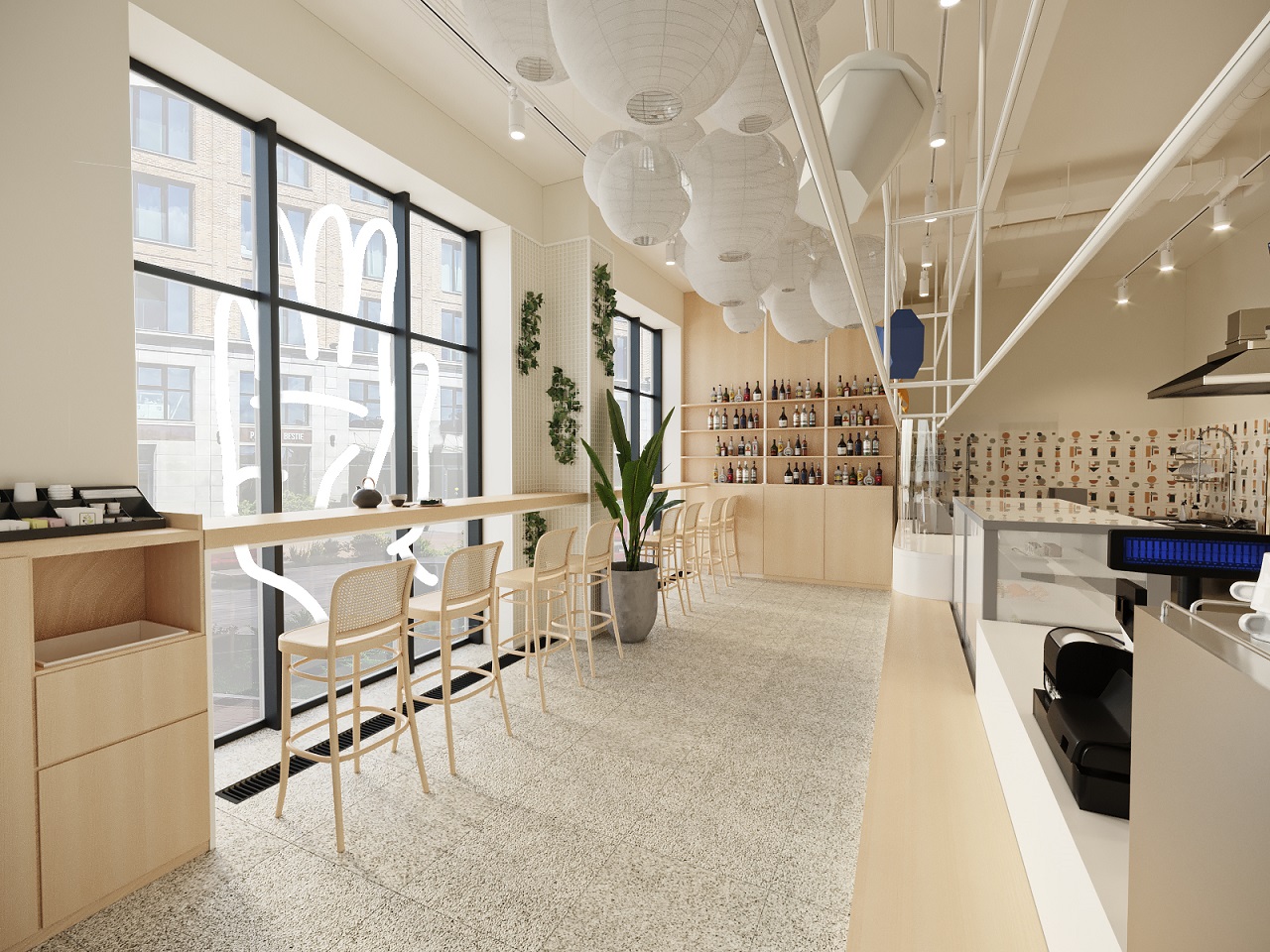 В противоположном от входа конце зала установили стеллаж с напитками В противоположном от входа конце зала установили стеллаж с напитками