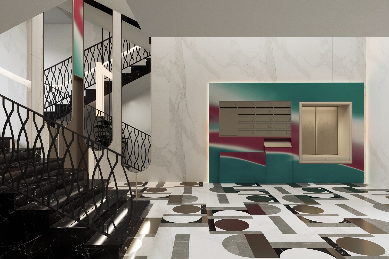 Оформление парадной номер 10. В отделке лифтового портала и портала с почтовыми ящиками использованы принты с айдентикой бренда Оформление парадной номер 10. В отделке лифтового портала и портала с почтовыми ящиками использованы принты с айдентикой бренда