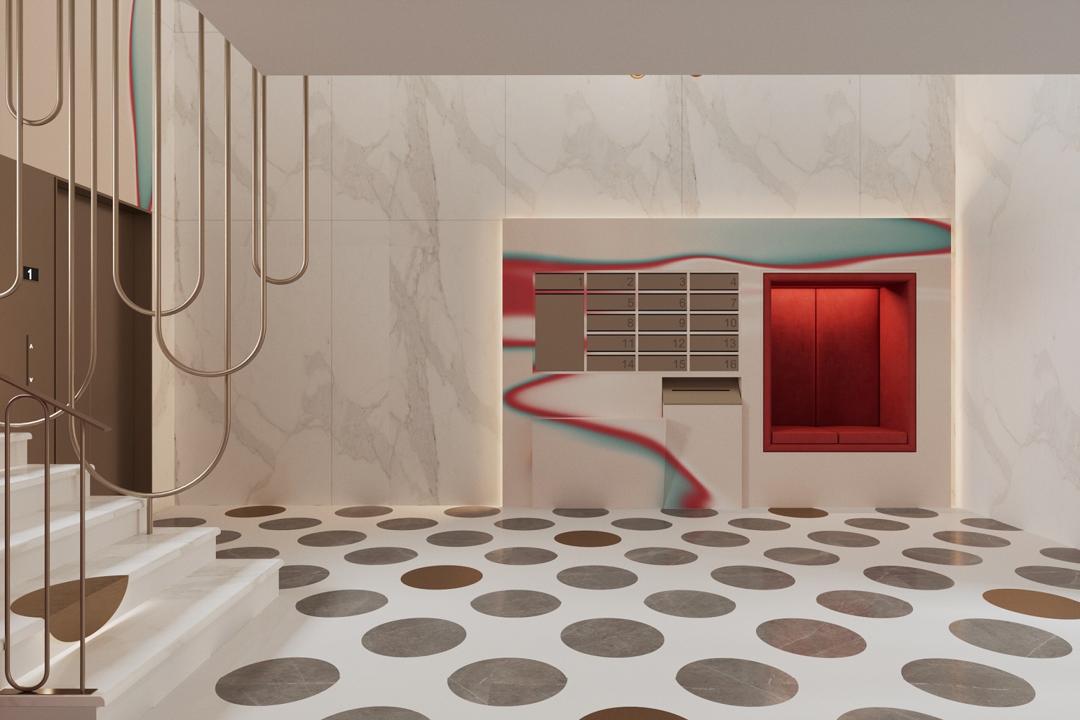 Латунные авторские перила выдержаны в одном стиле с айдентикой, ступени с подсветкой выполнены из белого мрамора Латунные авторские перила выдержаны в одном стиле с айдентикой, ступени с подсветкой выполнены из белого мрамора