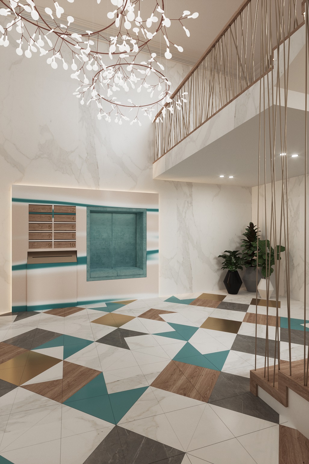 Так выглядит парадная номер 5, Авторские перила с геометричным рисунком выполнены из латуни, ступени с подсветкой – из плитки под дерево и мрамора Так выглядит парадная номер 5, Авторские перила с геометричным рисунком выполнены из латуни, ступени с подсветкой – из плитки под дерево и мрамора