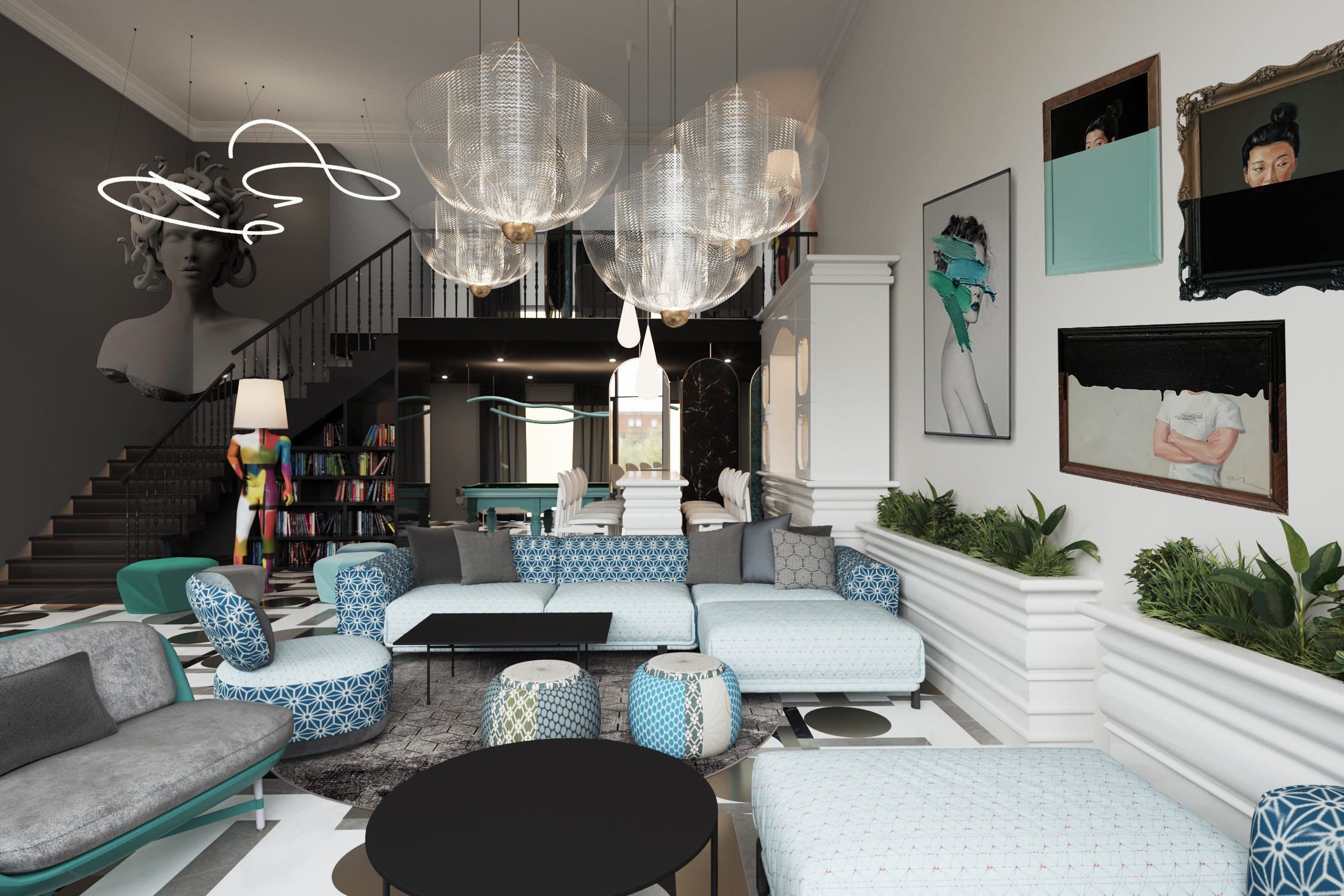 Мужская лаунж-зона выдержана в более спокойных тонах Мужская лаунж-зона выдержана в более спокойных тонах