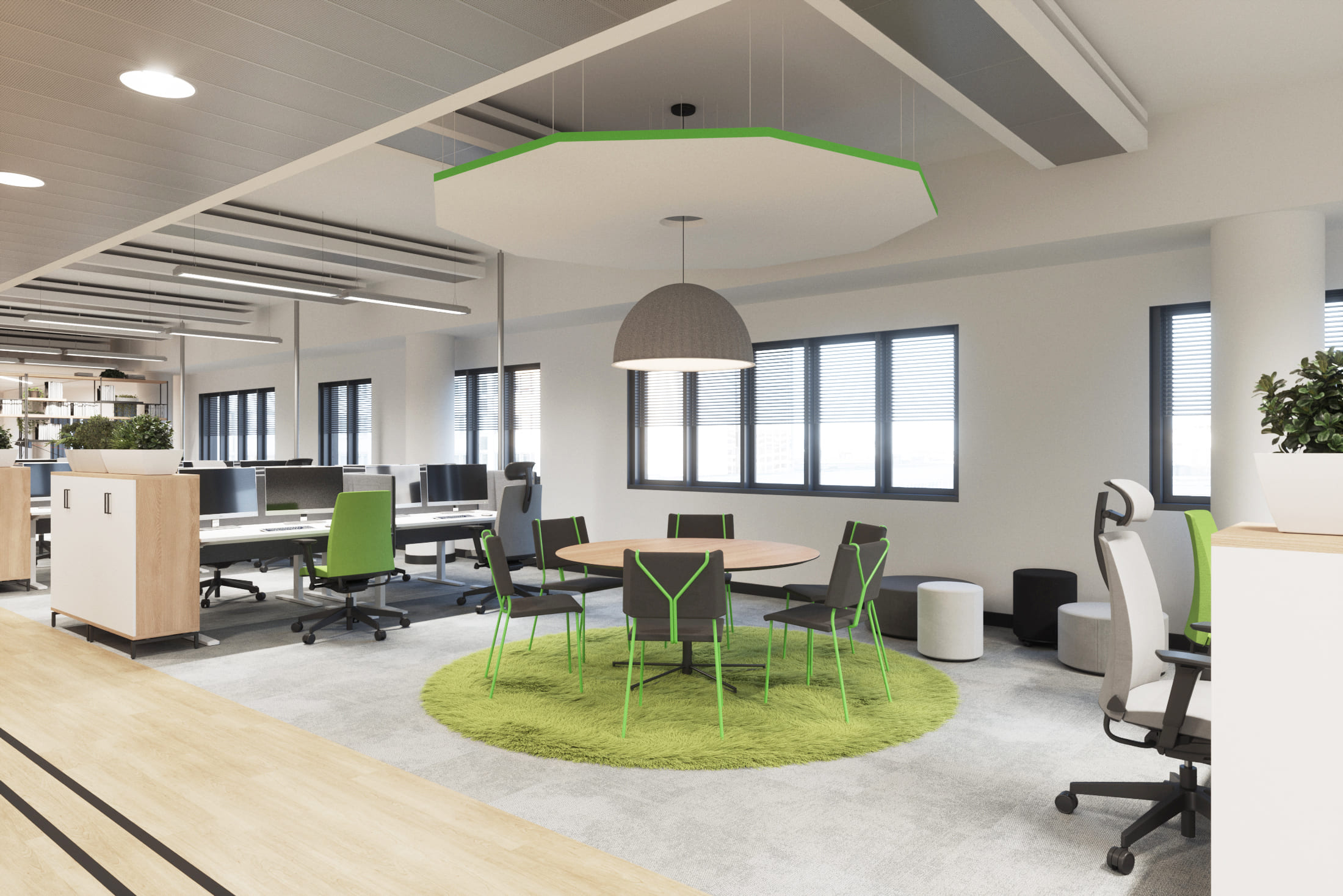 Мягкий ковер и акустическая панель в форме декагона над столом частично поглощают звук голосов Мягкий ковер и акустическая панель в форме декагона над столом частично поглощают звук голосов