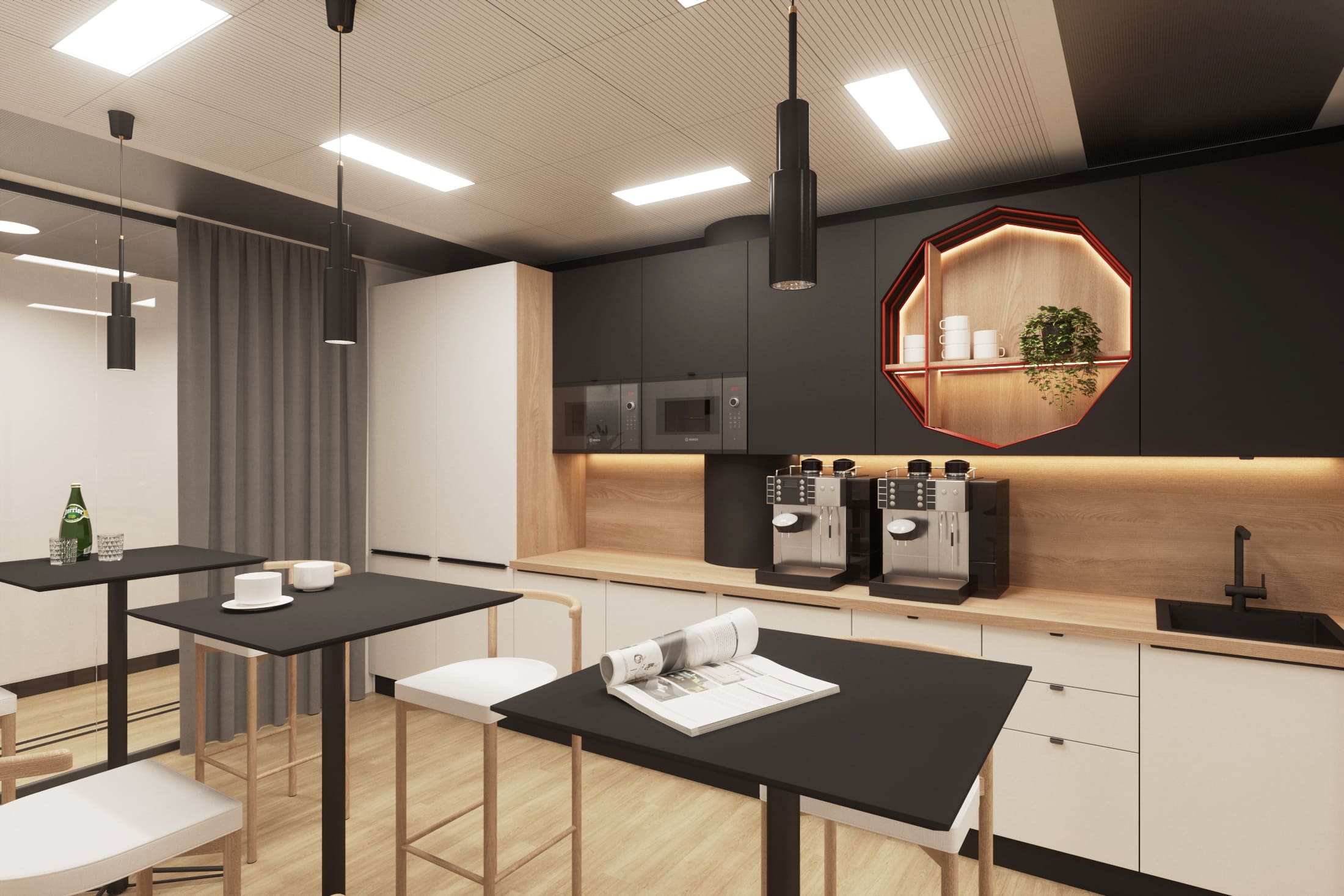 Черные кухонные шкафы, контрастирующие с белыми стенами, выполнены на заказ — вместо одного из верхних ящиков в них вырезана ниша с подсветкой в форме декагона Черные кухонные шкафы, контрастирующие с белыми стенами, выполнены на заказ — вместо одного из верхних ящиков в них вырезана ниша с подсветкой в форме декагона