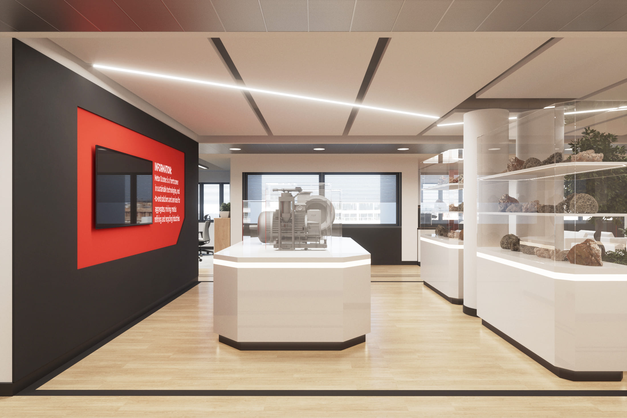 В бренд-зоне преобладает белый цвет, а стена, на которой закреплен телевизор, элементы стендов, оконный проем и части потолка выкрашены в черный — это сочетание взято из брендбука В бренд-зоне преобладает белый цвет, а стена, на которой закреплен телевизор, элементы стендов, оконный проем и части потолка выкрашены в черный — это сочетание взято из брендбука