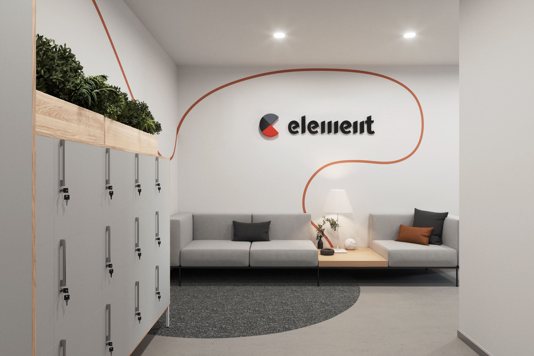 В офисе компании Element Tampere (Финляндия) установили в зоне ожидания большой диван со столиком и локеры В офисе компании Element Tampere (Финляндия) установили в зоне ожидания большой диван со столиком и локеры