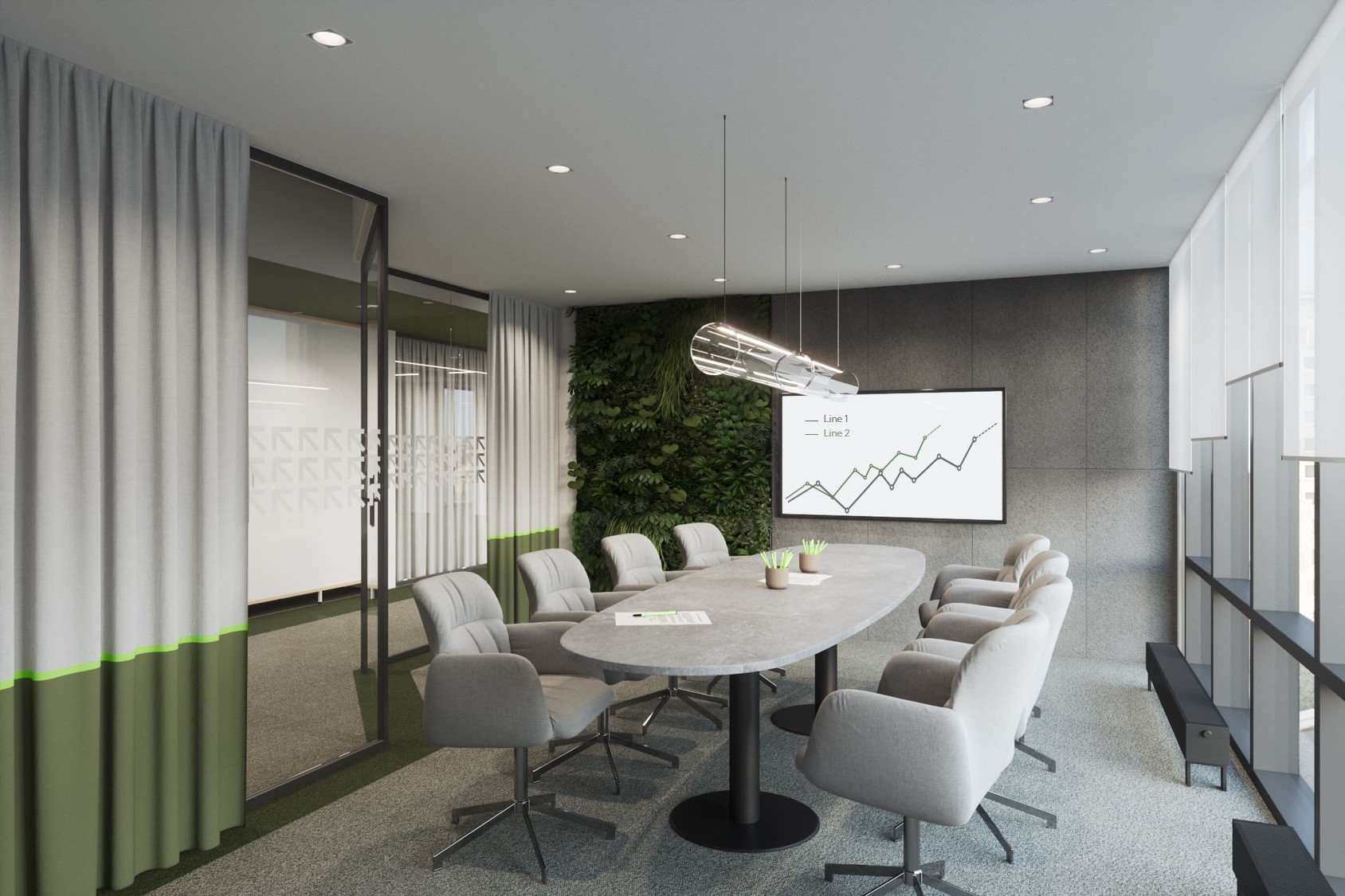 Разрабатывая дизайн-проект офиса логистической компании, мы предложили разместить в переговорной фитостену. Она одновременно выполняет декоративную и шумоподавляющую функцию Разрабатывая дизайн-проект офиса логистической компании, мы предложили разместить в переговорной фитостену. Она одновременно выполняет декоративную и шумоподавляющую функцию