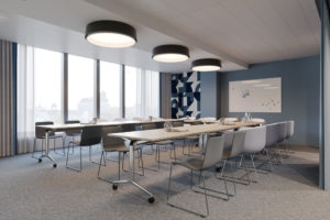 Мобильные складные столы на визуализации переговорной в проекте офиса международной компании Jotun