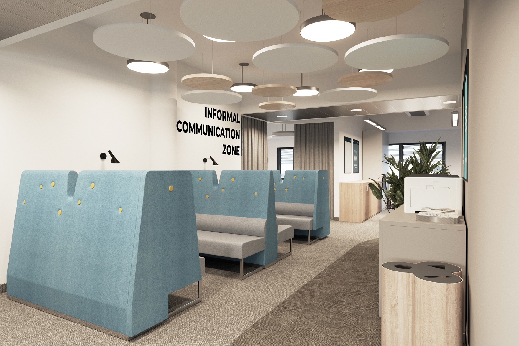 Если в лаунж-зоне будут собираться команды для неформальных встреч и проведения «мозговых штурмов», важно сделать так, чтобы их разговоры не мешали отдыхать остальным. Если в лаунж-зоне будут собираться команды для неформальных встреч и проведения «мозговых штурмов», важно сделать так, чтобы их разговоры не мешали отдыхать остальным.