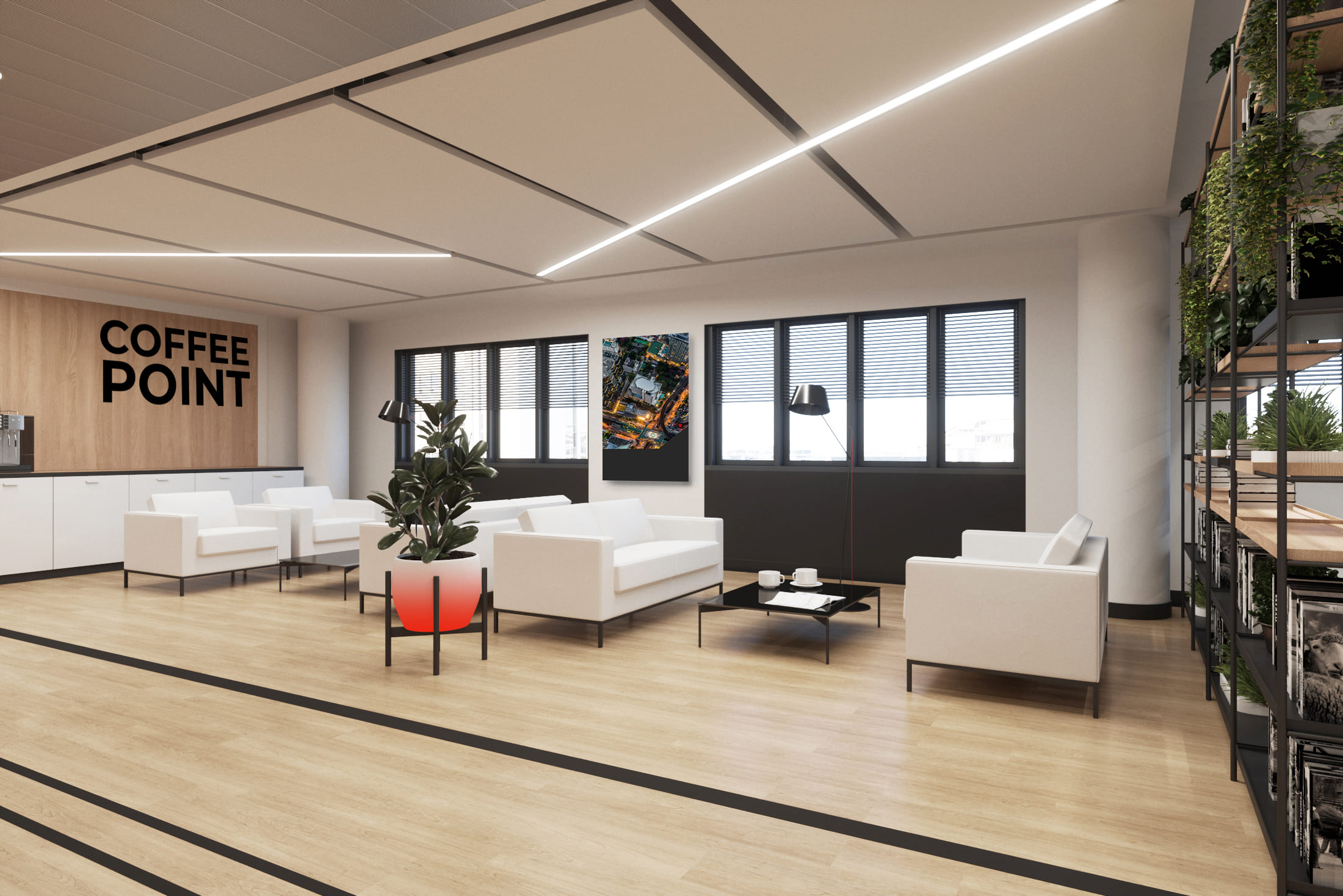 Можно совместить зону отдыха с кофе-поинтом или расположить их рядом, чтобы люди могли пообщаться за чашечкой кофе Можно совместить зону отдыха с кофе-поинтом или расположить их рядом, чтобы люди могли пообщаться за чашечкой кофе