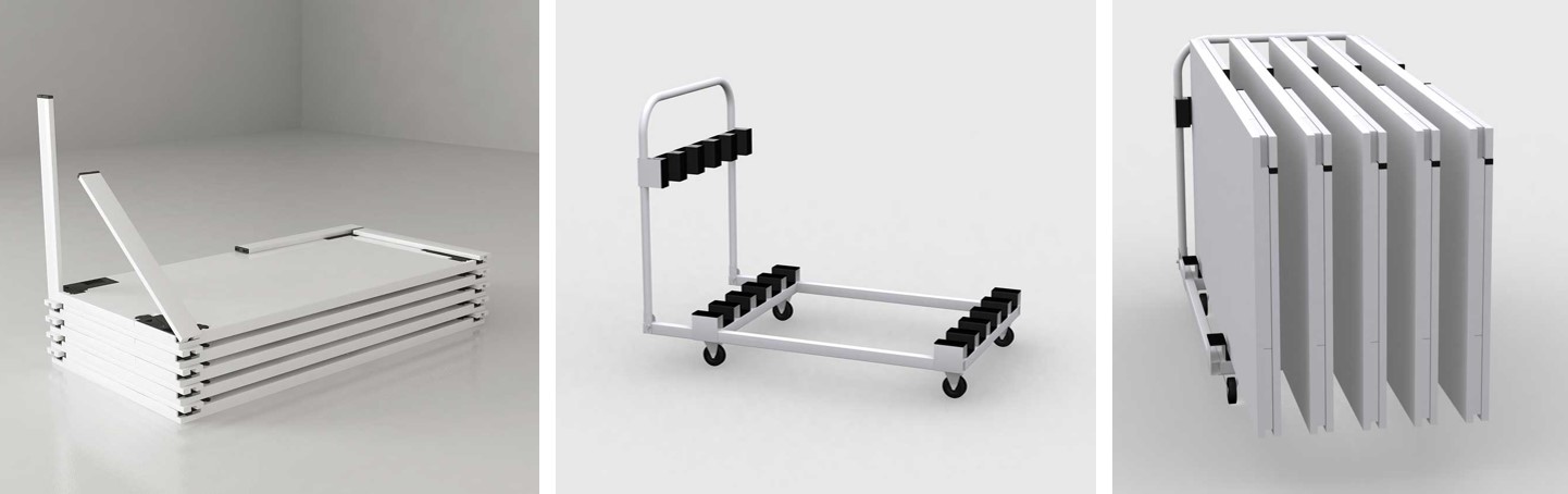 Столы легко сложить и на специальной тележке с креплениями отвезти на хранение. Столы легко сложить и на специальной тележке с креплениями отвезти на хранение.