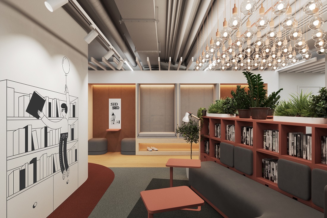 Стеллажи с книгами и ниши с мягкими встроенными диванами используются для неформальных переговоров или отдыха в течение рабочего дня Стеллажи с книгами и ниши с мягкими встроенными диванами используются для неформальных переговоров или отдыха в течение рабочего дня