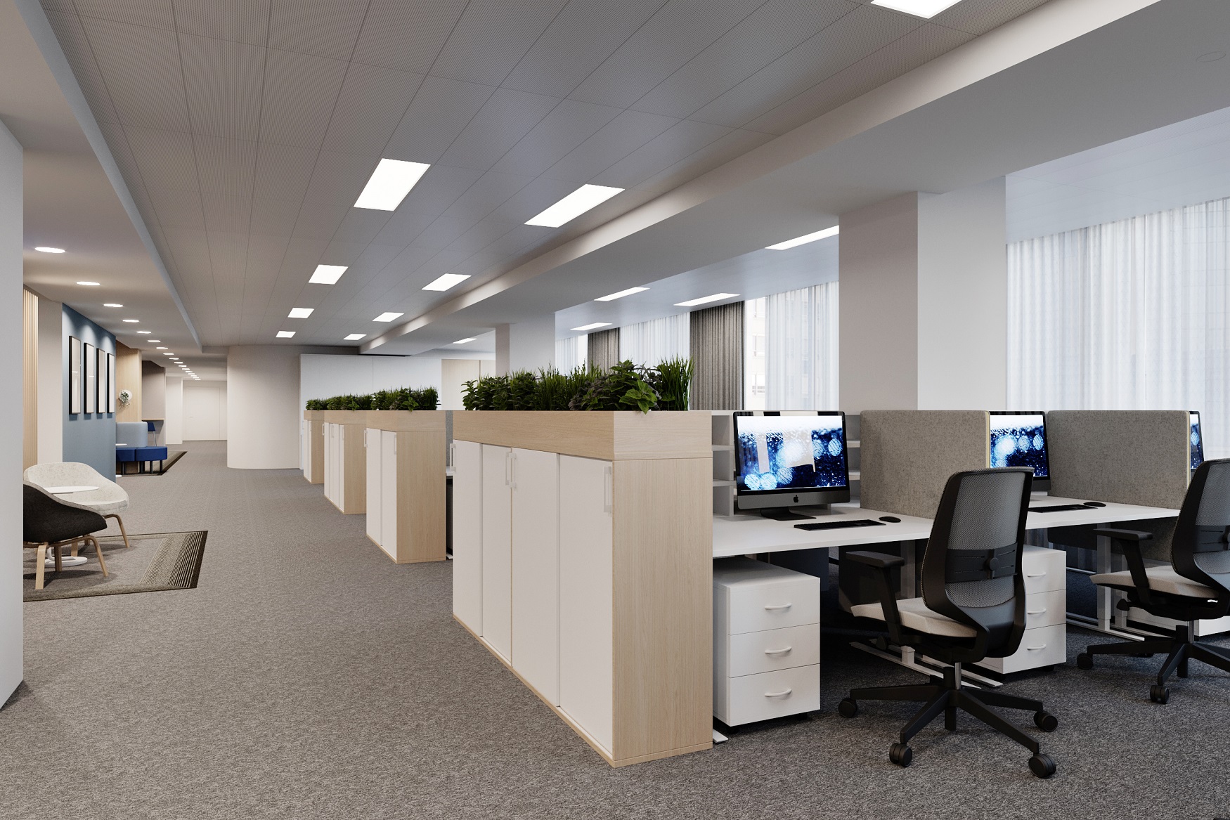 Чтобы улучшить в офисе компании Jotun мы отделили рабочие столы от прохода шкафчиками, а рабочие места разграничили с помощью акустических перегородок Чтобы улучшить в офисе компании Jotun мы отделили рабочие столы от прохода шкафчиками, а рабочие места разграничили с помощью акустических перегородок