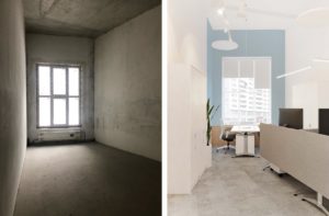 В кабинетах также придерживались более лаконичного дизайна: белые стены, серый пол