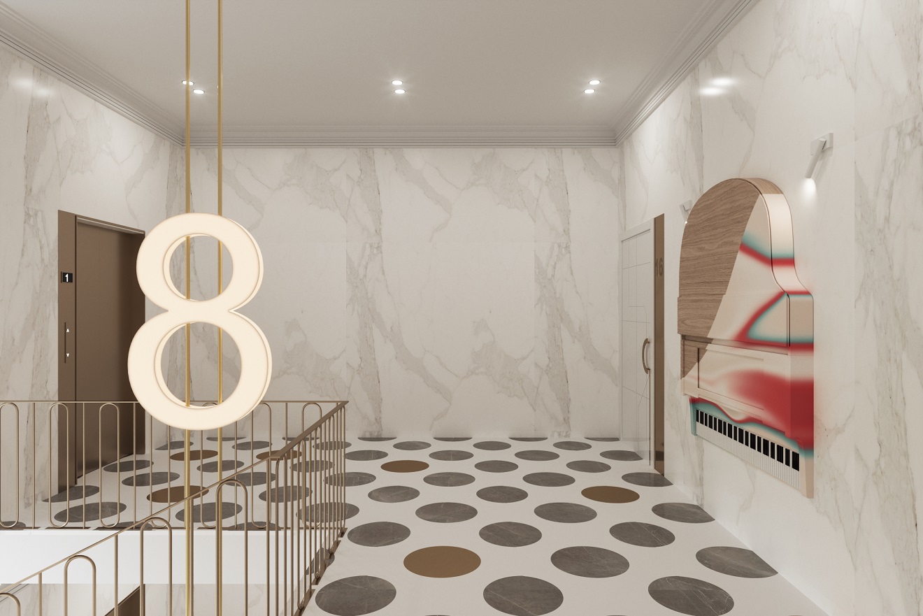 В комплексе «Мельцер Холл» на каждом лестничном пролете «парит» цифра, отражающая конкретный этаж В комплексе «Мельцер Холл» на каждом лестничном пролете «парит» цифра, отражающая конкретный этаж