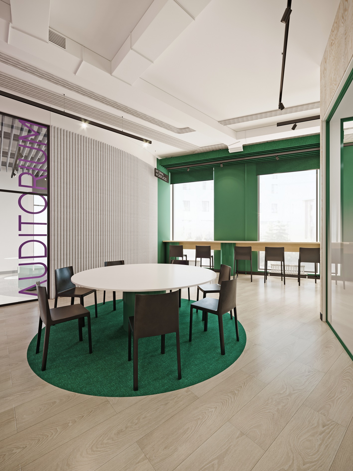 В зоне open space обыграли панорамные окна — разместили вдоль них столы с высокими стульями для желающих работать с красивым видом В зоне open space обыграли панорамные окна — разместили вдоль них столы с высокими стульями для желающих работать с красивым видом