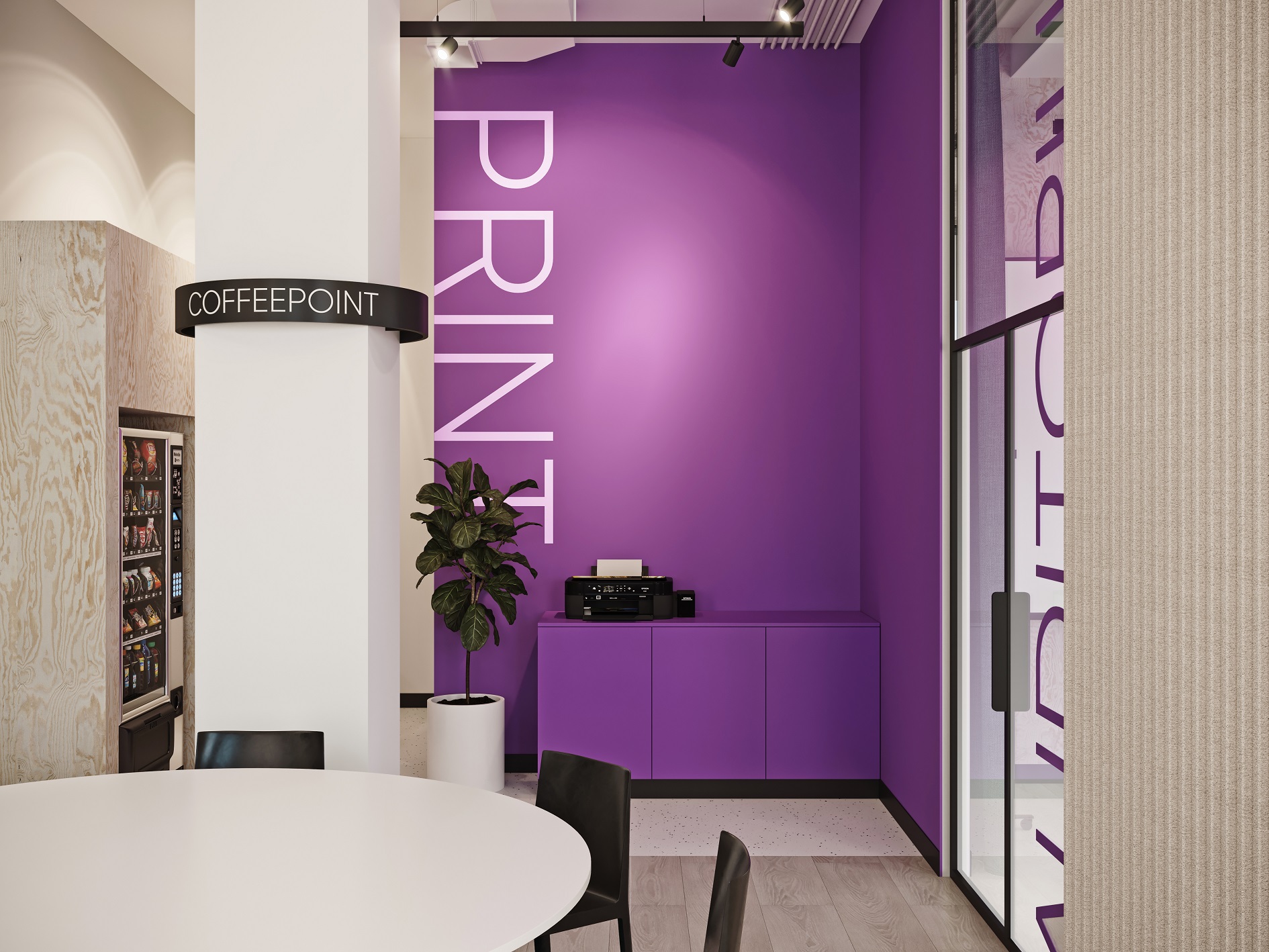 Рядом разместили принт-зону с принтерами, местами для хранения бумаги и канцтоваров Рядом разместили принт-зону с принтерами, местами для хранения бумаги и канцтоваров