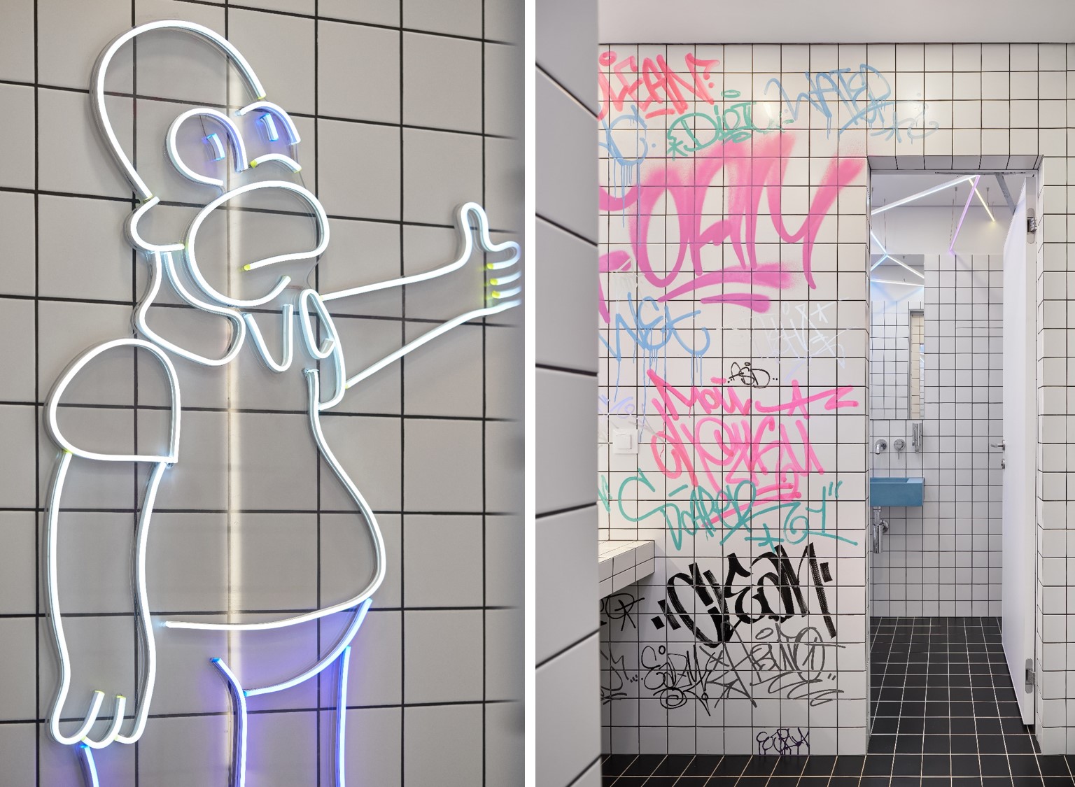 Дополнительно декорировали стены во всём пространстве неоновыми светильниками и вывесками Дополнительно декорировали стены во всём пространстве неоновыми светильниками и вывесками