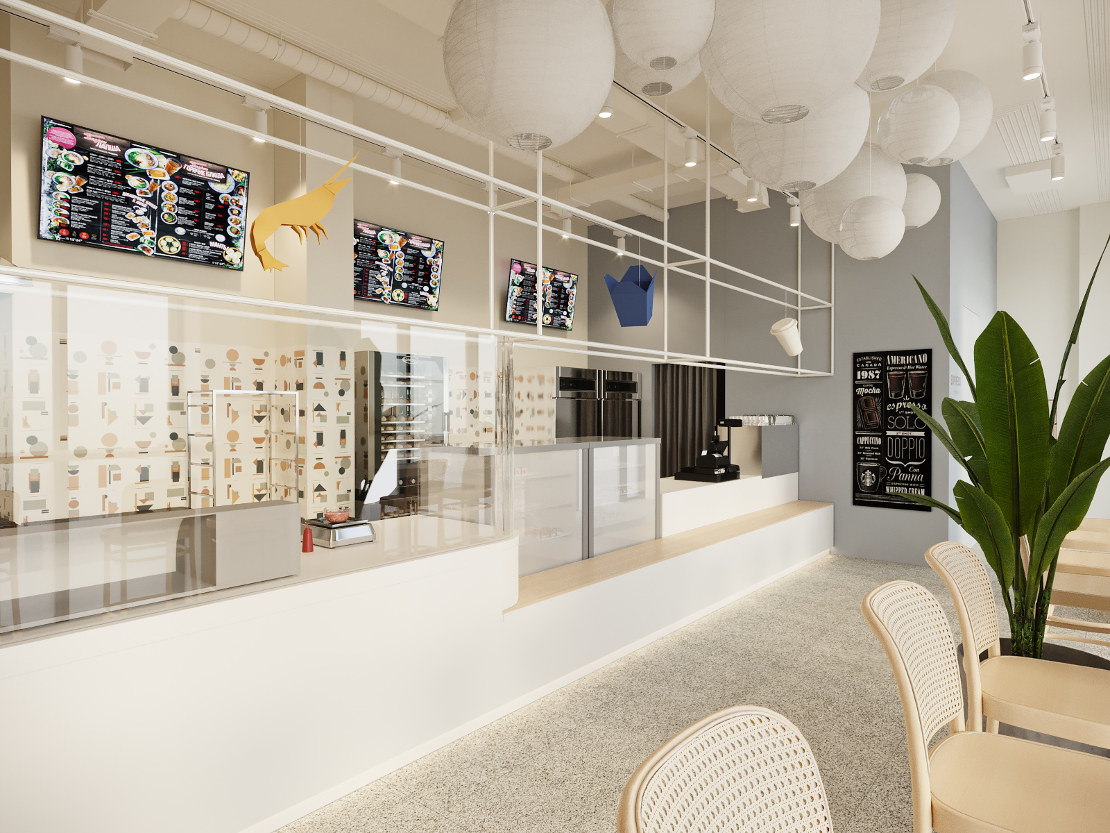 Поскольку специализация бистро — азиатские блюда, мы предложили использовать в оформлении натуральные материалы и декор нейтральных оттенков Поскольку специализация бистро — азиатские блюда, мы предложили использовать в оформлении натуральные материалы и декор нейтральных оттенков