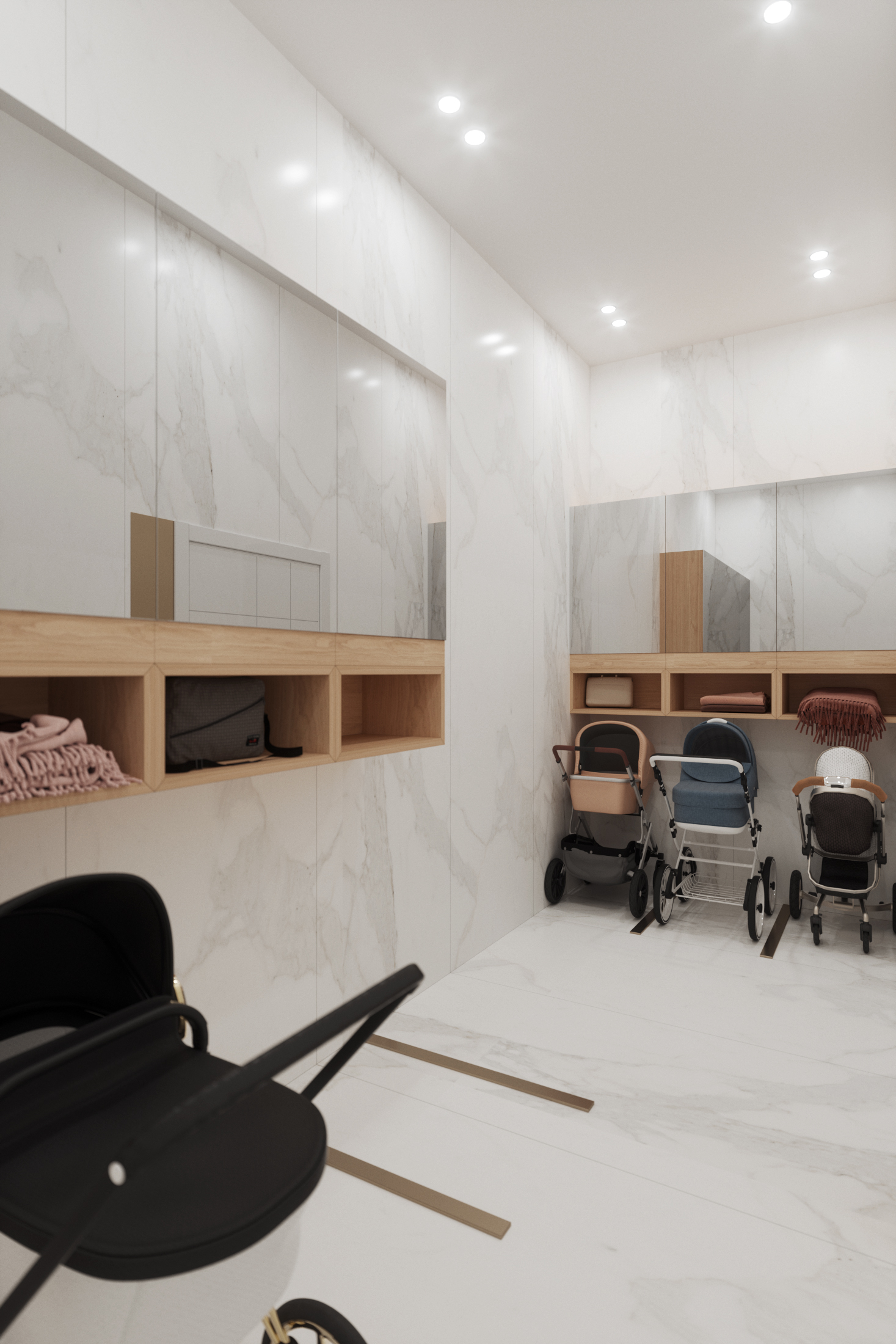 В «Мельцер Холл» колясочные оборудованы открытыми и закрытыми полками, есть разметка на полу В «Мельцер Холл» колясочные оборудованы открытыми и закрытыми полками, есть разметка на полу