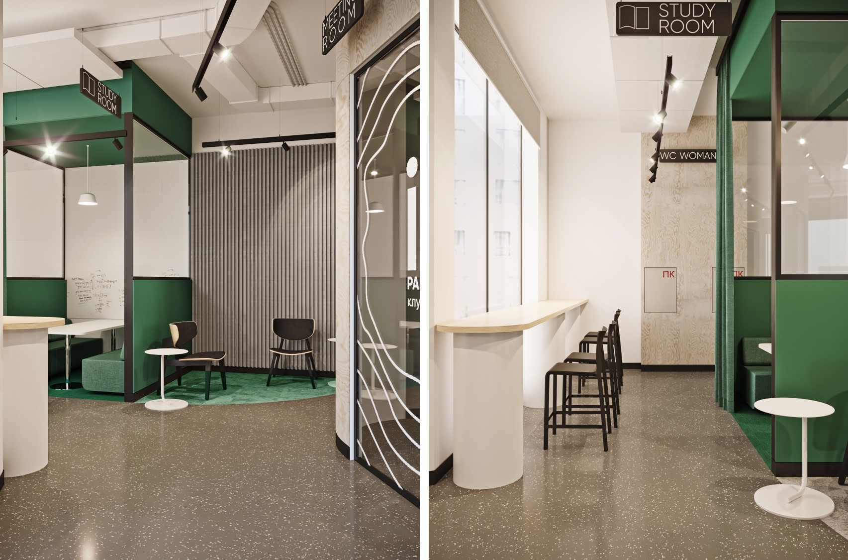 Для тех, кому нужно поработать в тишине или провести зум-конференцию, предусмотрели специальные «кабинки» с фетровыми панелями для подавления фонового шума Для тех, кому нужно поработать в тишине или провести зум-конференцию, предусмотрели специальные «кабинки» с фетровыми панелями для подавления фонового шума