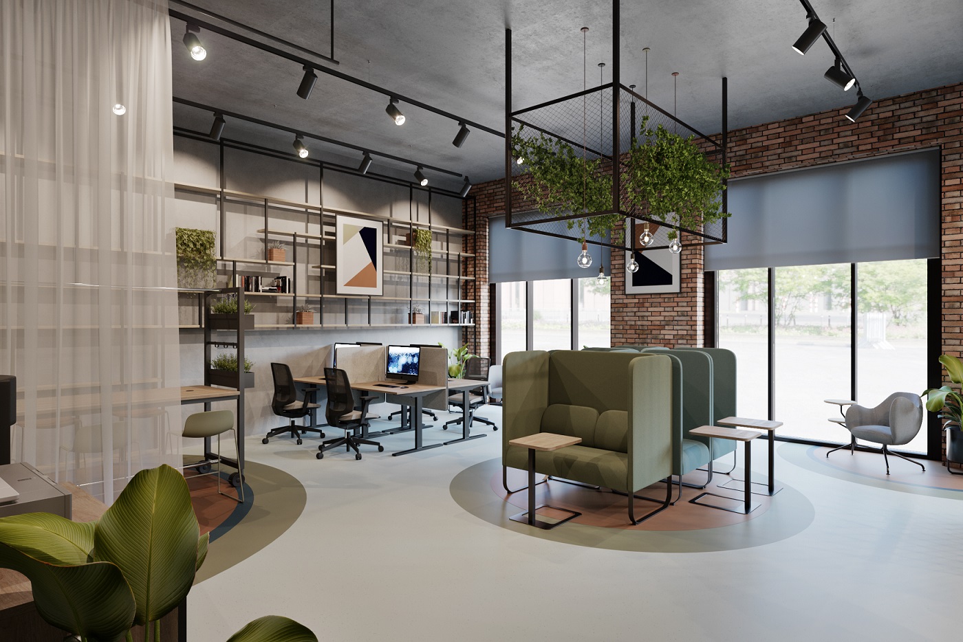 предусмотрены зона open space с рабочими местами разного типа, переговорная и конференц-зал предусмотрены зона open space с рабочими местами разного типа, переговорная и конференц-зал