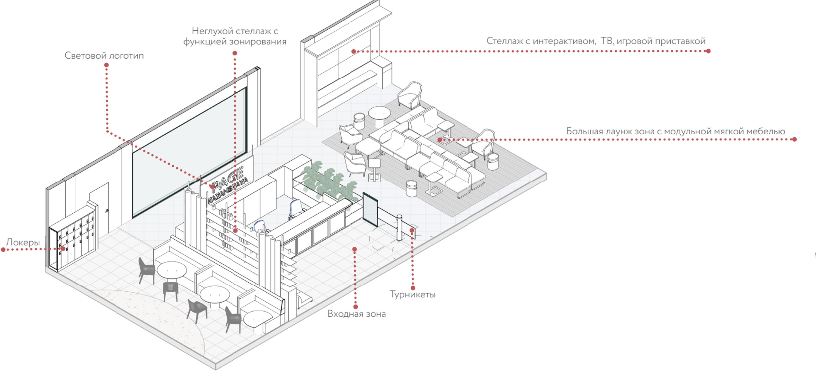 Просторная входная зона отделена от соседних лаунж-зоны и рабочей зоны Просторная входная зона отделена от соседних лаунж-зоны и рабочей зоны с помощью неглухого стеллажа и озеленения