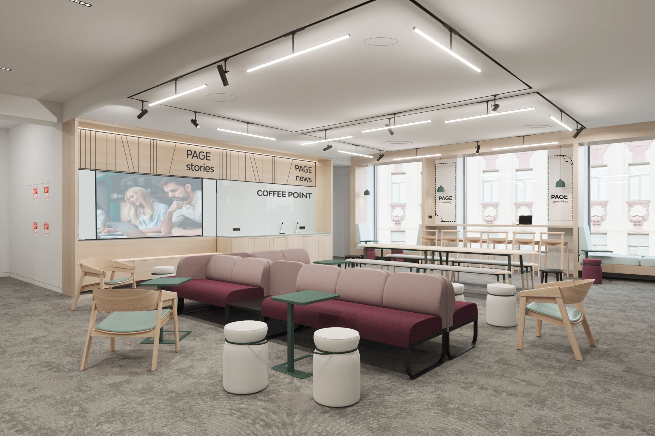 В верхней части кофепоинта на стену нанесен линейный паттерн В верхней части кофепоинта на стену нанесен линейный паттерн