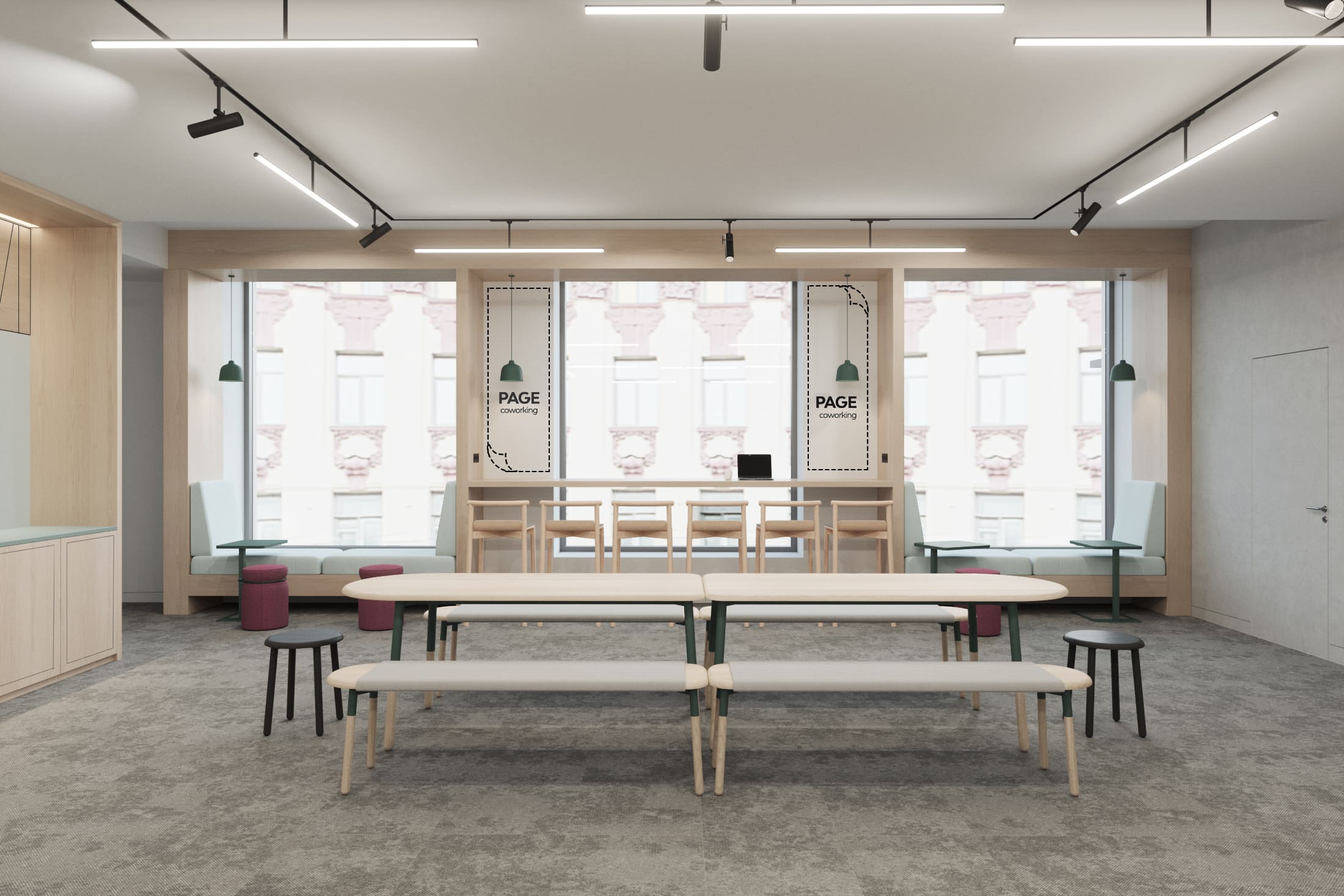 Межоконные пространства украшают изображения загнутых страниц — это отсылка к названию сети коворкинг-пространств PAGE Межоконные пространства украшают изображения загнутых страниц — это отсылка к названию сети коворкинг-пространств PAGE