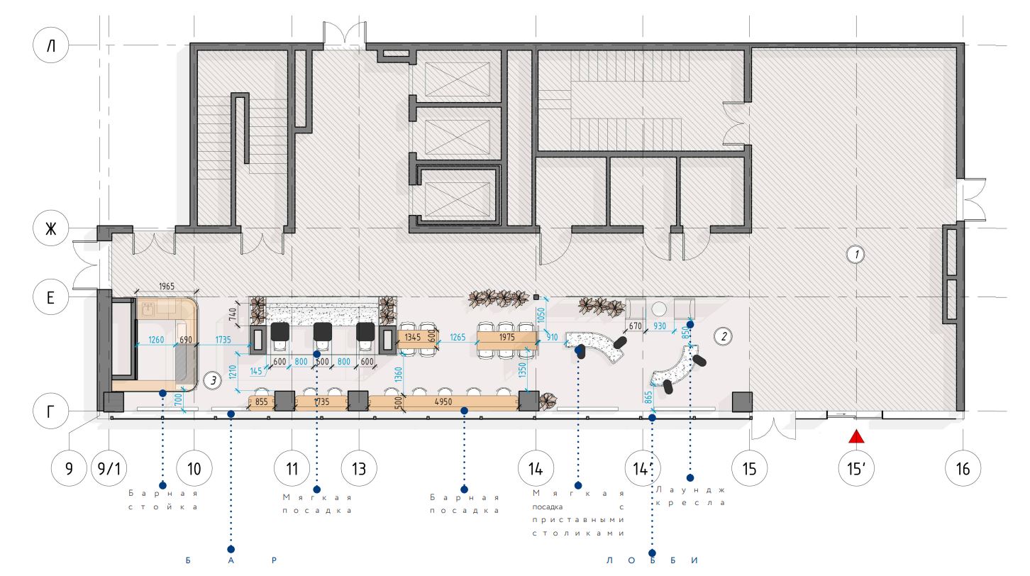 Мы предложили разместить вдоль них столы и организовать там места для работы за ноутбуками Мы предложили разместить вдоль них столы и организовать там места для работы за ноутбуками