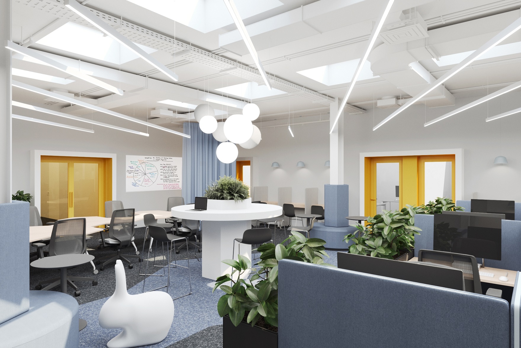 Вокруг колонн мы спроектировали мягкие посадочные места с небольшими столиками Вокруг колонн мы спроектировали мягкие посадочные места с небольшими столиками