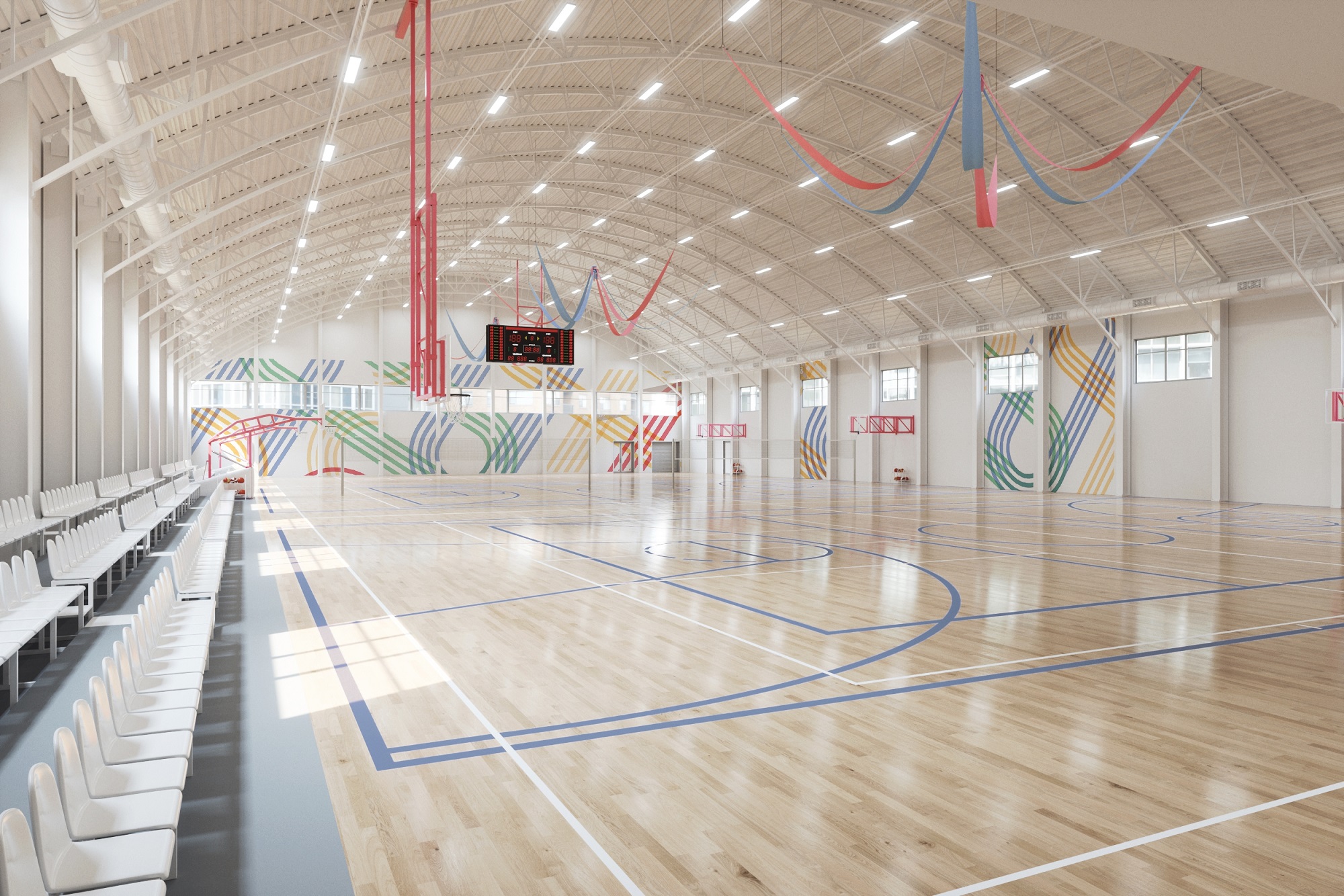 В спортивном зале спроектировали трибуны для зрителей В спортивном зале спроектировали трибуны для зрителей