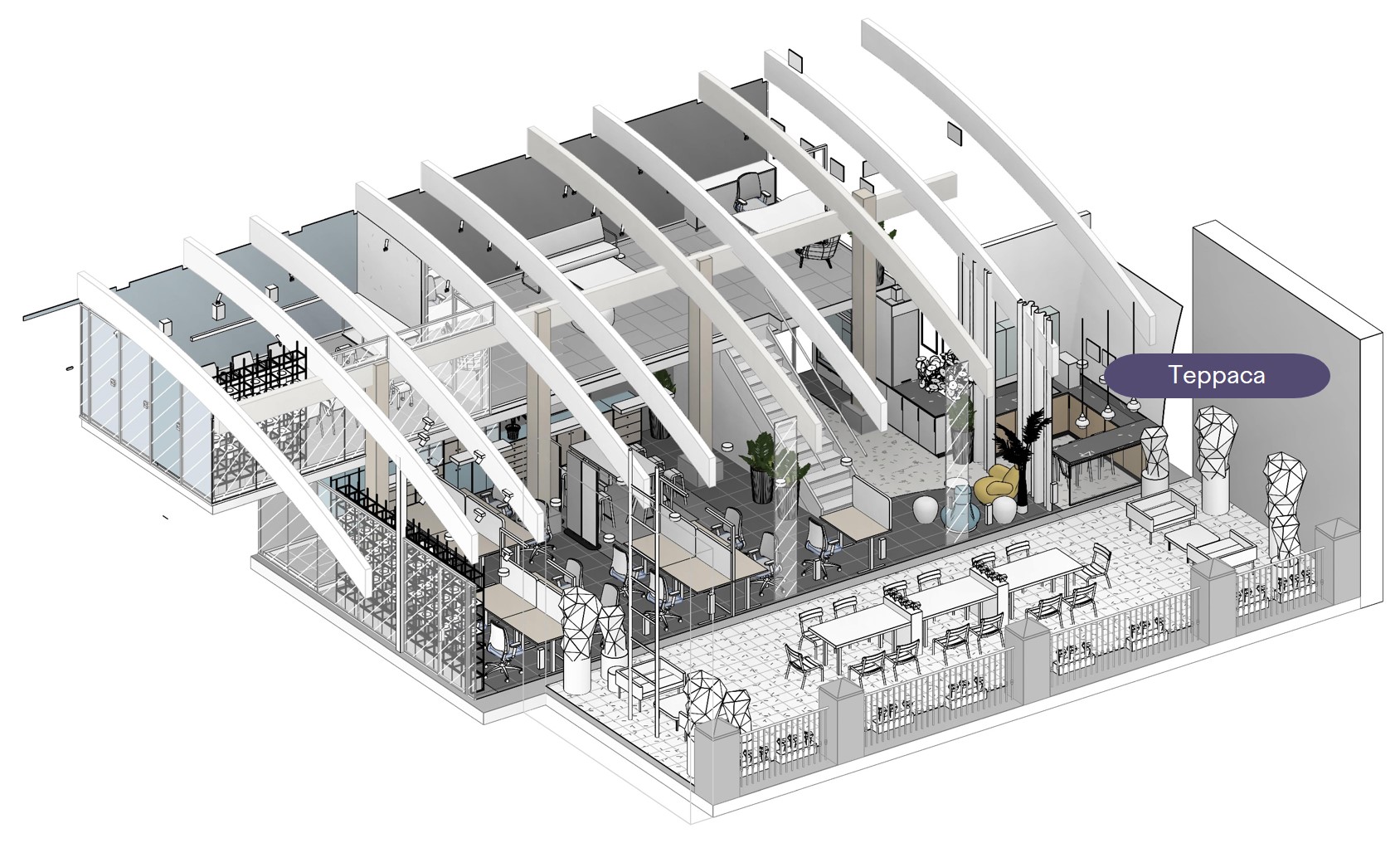 Интерьер современного офиса студии DESIGNIC - план с террассой
