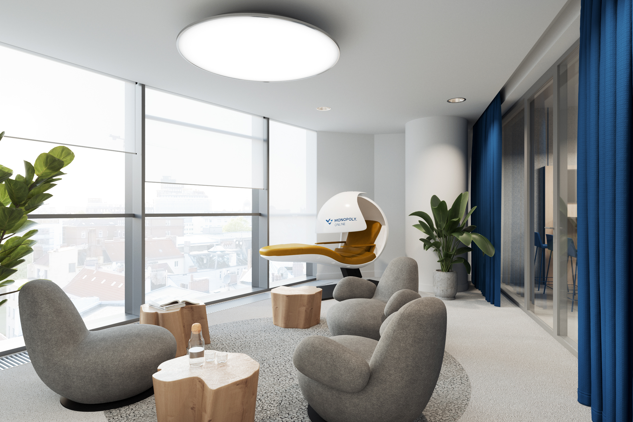 При этом в офисе, кроме лаунж-зоны, мы предусмотрели отдельную зону отдыха с креслами, журнальными столиками в виде пеньков и капсулой для сна При этом в офисе, кроме лаунж-зоны, мы предусмотрели отдельную зону отдыха с креслами, журнальными столиками в виде пеньков и капсулой для сна