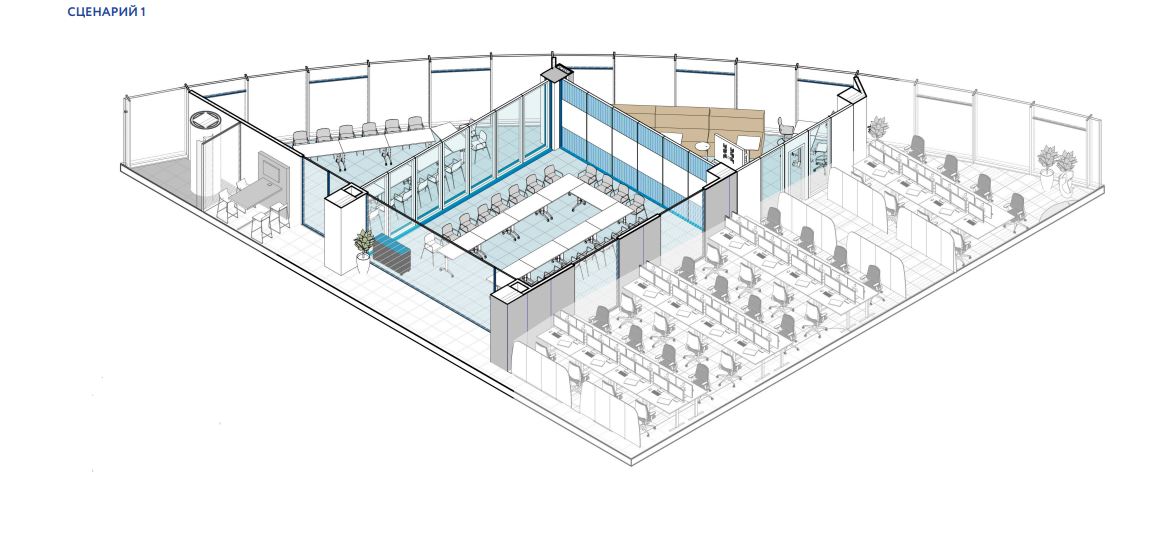 Если нужно сделать три переговорные, пространство можно легко разбить под разное количество человек — 12, 14 и 20. Если нужно сделать три переговорные, пространство можно легко разбить под разное количество человек — 12, 14 и 20.