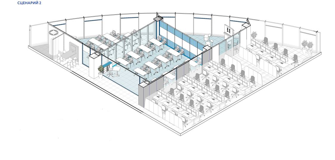 Если есть потребность в учебных классах, помещение можно разбить на три зоны под 9, 15 и 25 человек. Если есть потребность в учебных классах, помещение можно разбить на три зоны под 9, 15 и 25 человек.