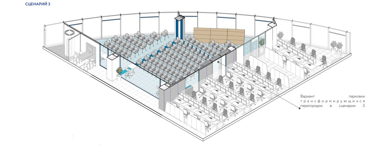 Если нужен большой конференц-зал, можно собрать пространство на 112 человек Если нужен большой конференц-зал, можно собрать пространство на 112 человек