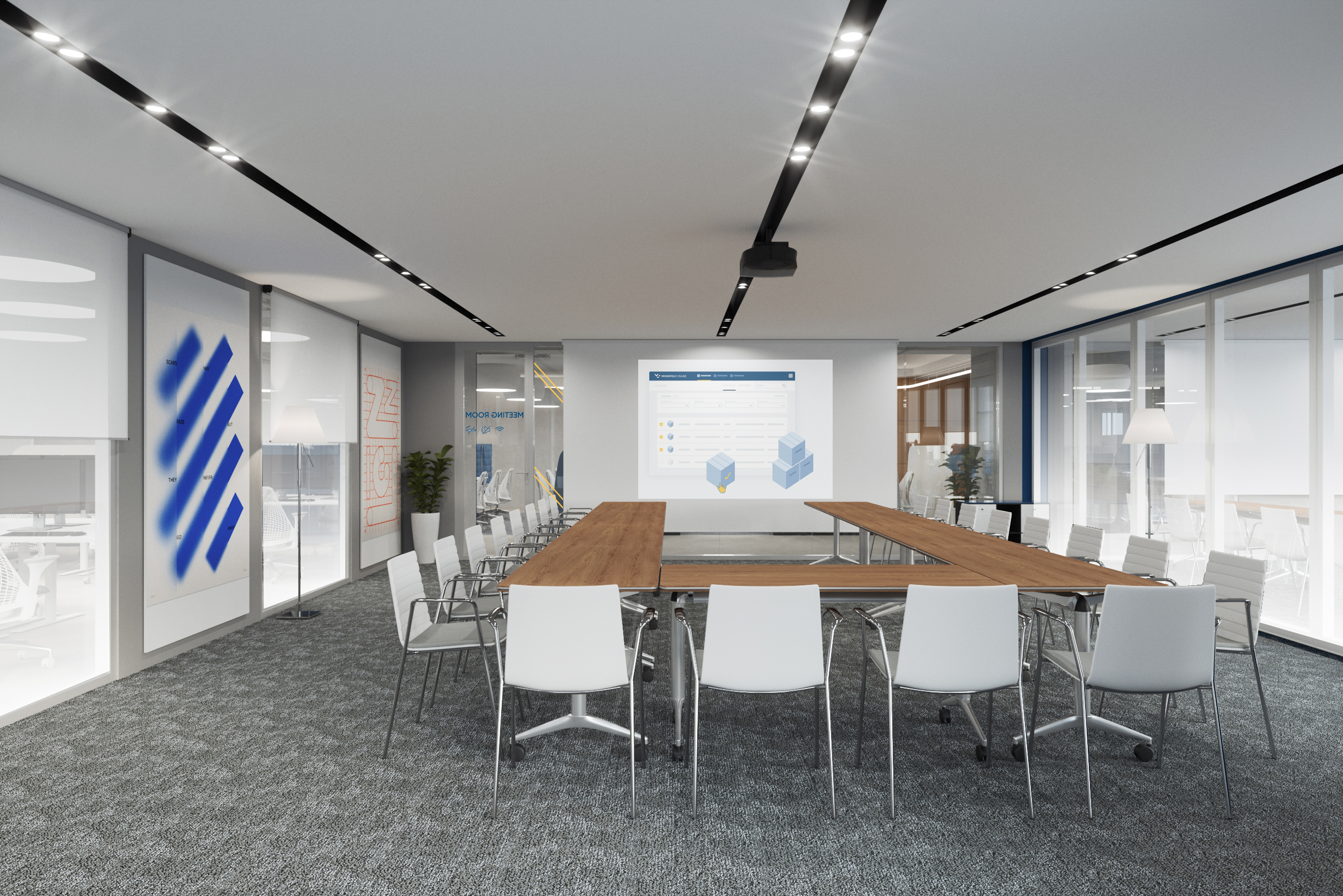 Рядом с open space — трансформируемое пространство, которое по проекту может одновременно вмещать до 100 человек. В любой момент его можно разделить на три автономные зоны. Рядом с open space — трансформируемое пространство, которое по проекту может одновременно вмещать до 100 человек. В любой момент его можно разделить на три автономные зоны.