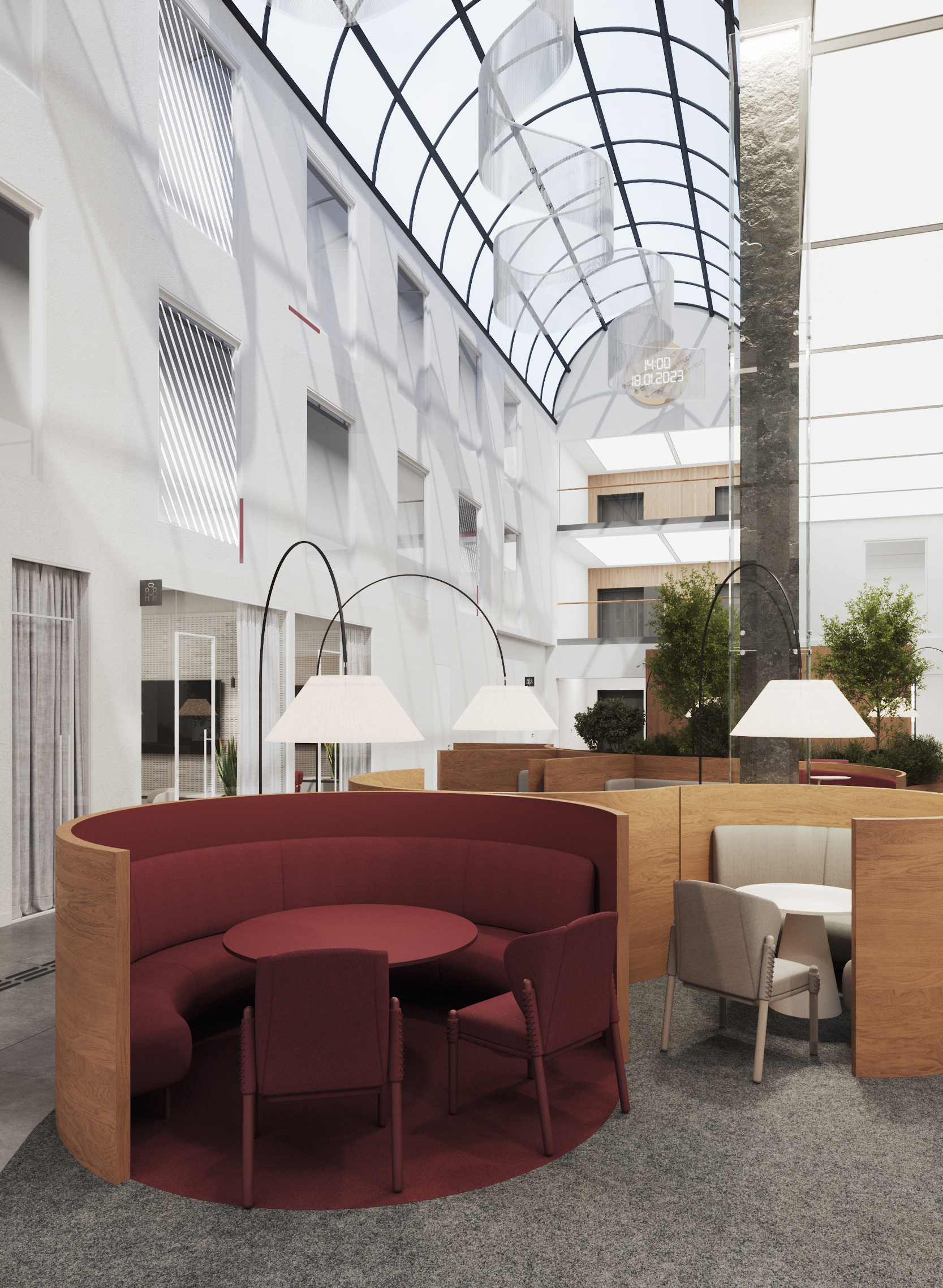 Ленту предложили выполнить в белом цвете, сделать ее максимально прозрачной и еле заметной, чтобы сохранить легкость и открытость пространства в атриуме Ленту предложили выполнить в белом цвете, сделать ее максимально прозрачной и еле заметной, чтобы сохранить легкость и открытость пространства в атриуме