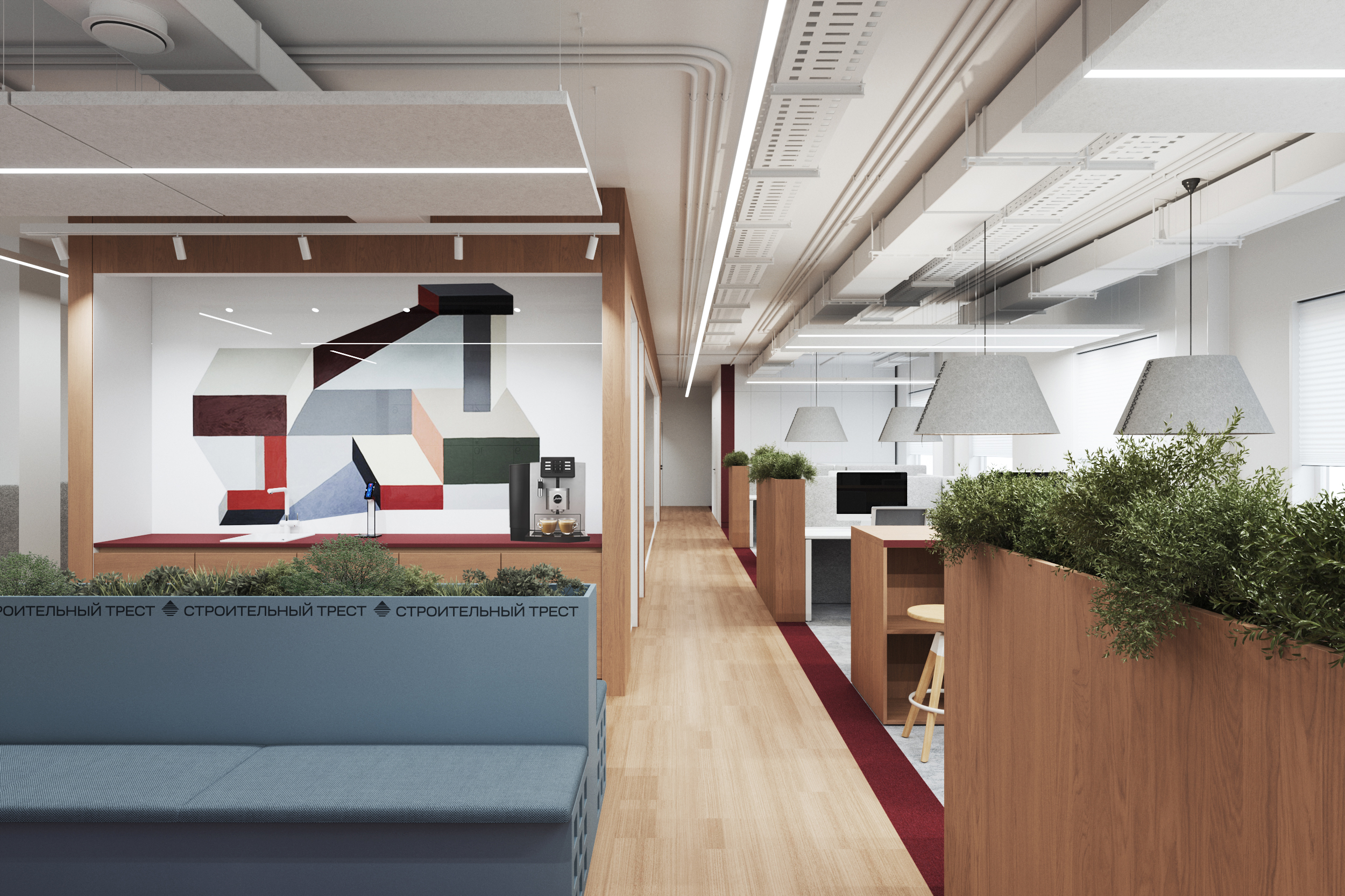 Декоративная стена в зоне кофе-поинта украшена изображением в стиле фрагментов картин Натали дю Паскье Декоративная стена в зоне кофе-поинта украшена изображением в стиле фрагментов картин Натали дю Паскье