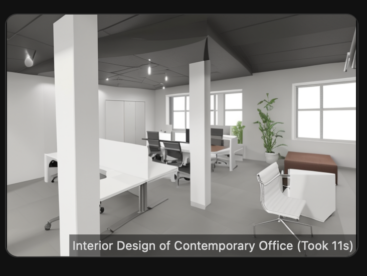 Такой результат получился при использовании параметров «офис в современном стиле». Дизайн занял у нейросети Interior AI всего 11 секунд. Такой результат получился при использовании параметров «офис в современном стиле». Дизайн занял у нейросети Interior AI всего 11 секунд.