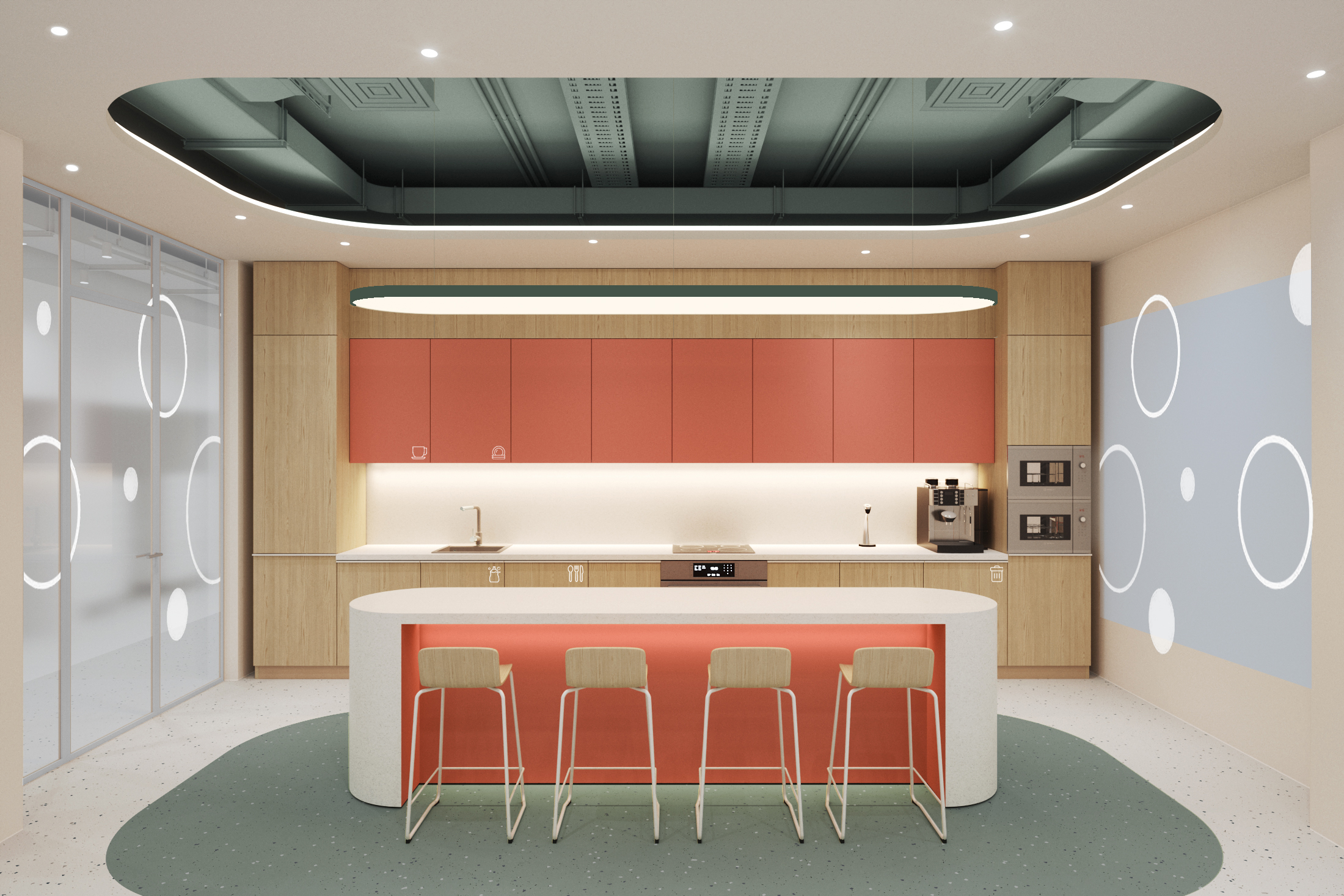 Еще одной новой идеей в офисе на втором этаже стала зона для приема пищи с барной стойкой Еще одной новой идеей в офисе на втором этаже стала зона для приема пищи с барной стойкой