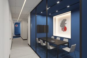 В дизайн-проекте офиса юридической компании «Прайм Эдвайс» мы также применили цвета из брендбука — в белое пространство офиса были интегрированы синие цветовые блоки с яркими, красными акцентами