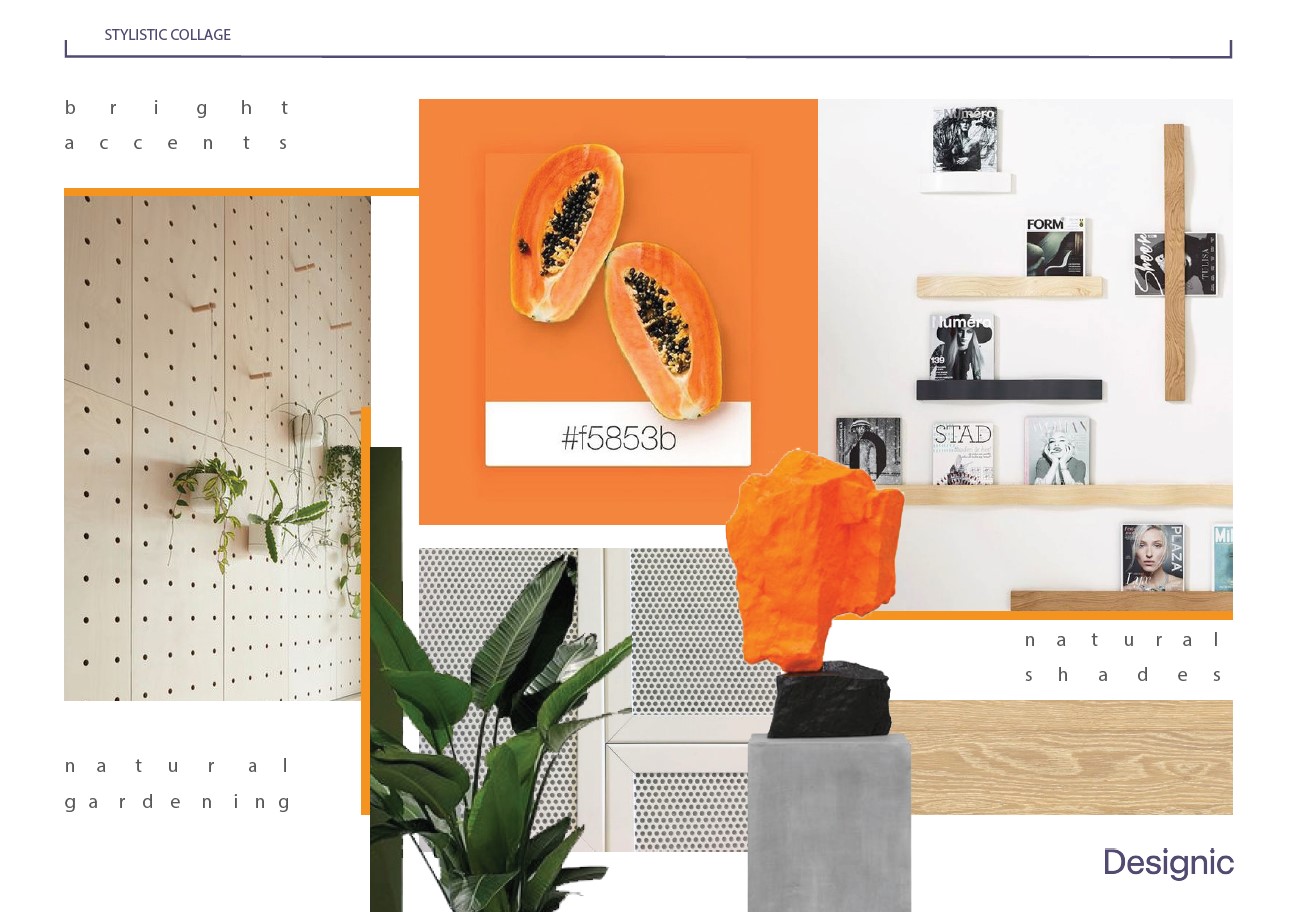 Стилистический коллаж проекта: яркие цвета оттеняются светлыми природными оттенками, благодаря чему пространство выглядит уютно и не перегружено Стилистический коллаж проекта: яркие цвета оттеняются светлыми природными оттенками, благодаря чему пространство выглядит уютно и не перегружено