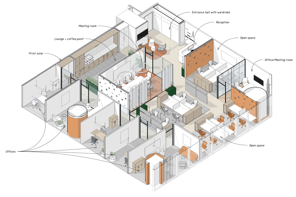 По требованию бизнес-центра, мы не меняли функциональное освещение и сфокусировались на декоративном, подобрав несколько напольных и подвесных светильников (линейный и кольцевой) По требованию бизнес-центра, мы не меняли функциональное освещение и сфокусировались на декоративном, подобрав несколько напольных и подвесных светильников (линейный и кольцевой)