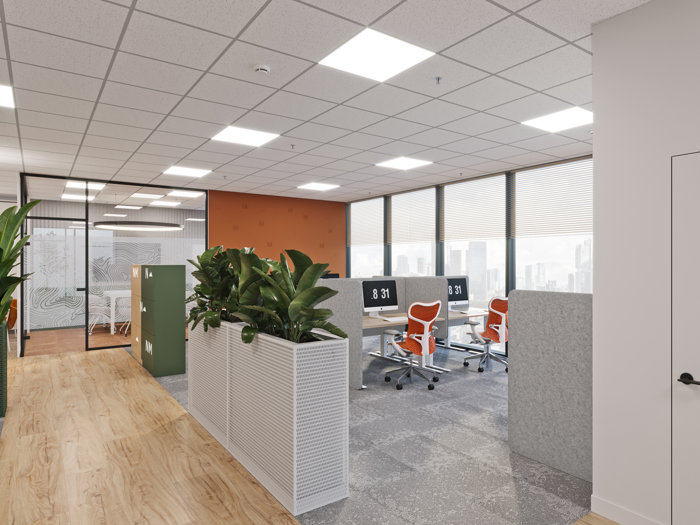 Локеры, предназначенные для хранения личных вещей, и кашпо также зонируют пространство Локеры, предназначенные для хранения личных вещей, и кашпо также зонируют пространство