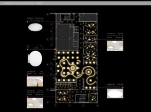 План-схема осветительных приборов в офисе позволяет заказчику увидеть, как будет обеспечен общий уровень освещенности, какие светильники будут в офисе, в каком количестве и в каких местах они будут располагаться